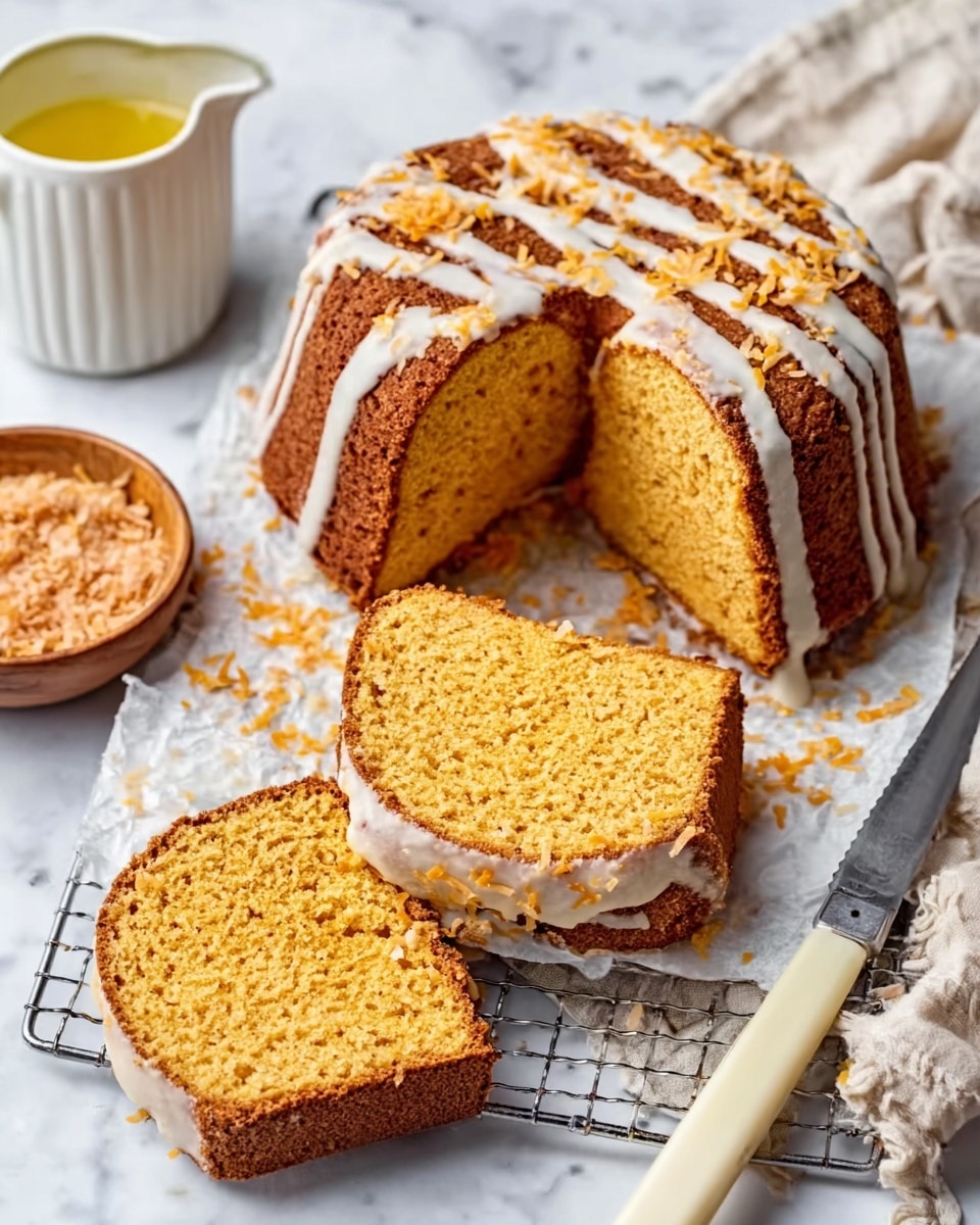 A round bundt cake with a light golden yellow color is shown with about four thick slices cut from it, revealing a moist, crumbly texture inside. The cake is topped with a thick white glaze that drips down the sides in smooth vertical streaks, sprinkled with small bits of shredded coconut and orange zest. The cake sits on a wire cooling rack lined with white parchment paper, with a knife that has a pale wooden handle resting next to it. Nearby, there is a white measuring cup with yellow liquid inside and a small wooden bowl filled with shredded coconut, all placed on a white marbled surface. Photo taken with an iphone --ar 4:5 --v 7