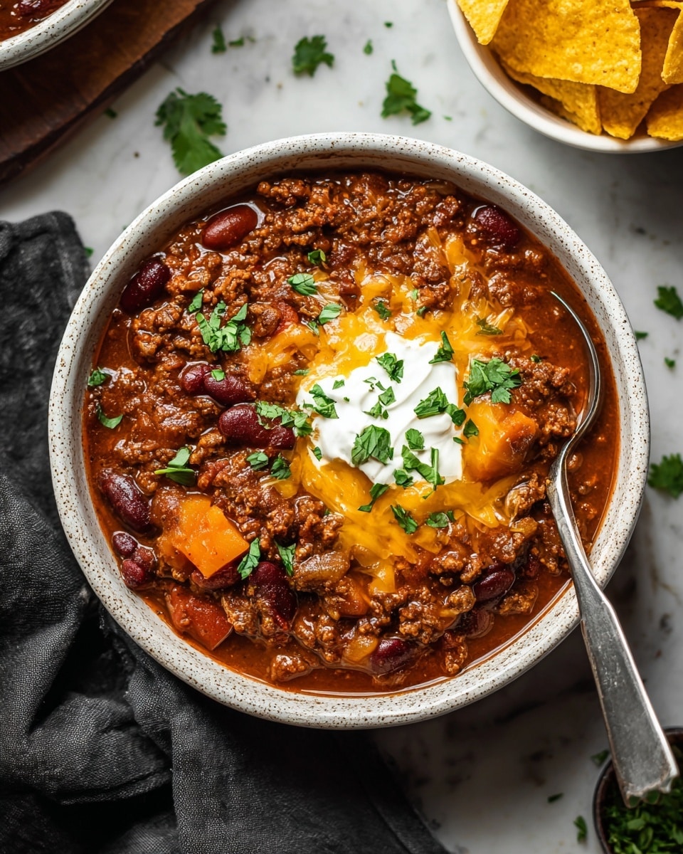 A white bowl filled with a thick chili made of dark red kidney beans, ground meat, and chunks of orange vegetables in a rich brown sauce. The chili is topped with a layer of melted yellow cheese, a dollop of white sour cream in the center, and sprinkled with fresh green chopped herbs. A silver spoon rests inside the bowl on the right side. The bowl sits on a wooden surface with scattered pieces of yellow tortilla chips in a white bowl nearby and some tortilla chips outside the bowl. A gray textured cloth is draped partially under the bowl. photo taken with an iphone --ar 4:5 --v 7