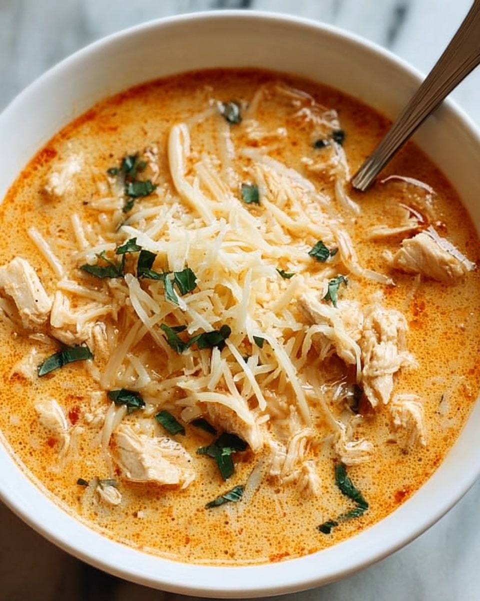 The image shows a white bowl filled with a creamy orange soup that has chunks of cooked chicken scattered throughout. On top of the soup, there is a layer of shredded cheese and small green herb leaves sprinkled evenly. A spoon is placed inside the bowl, partly submerged in the soup. The bowl sits on a white marbled surface. photo taken with an iphone --ar 4:5 --v 7