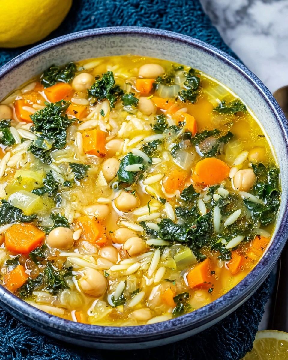 A close-up view of a white bowl filled with a colorful vegetable and bean soup with at least four visible layers: a clear golden broth base with small bubbles, scattered light orange carrot cubes, creamy white beans and chickpeas, bright green kale leaves, and pale green celery pieces mixed with small white orzo pasta. The bowl rests on a dark blue textured cloth over a white marbled surface, with a cut lemon visible on the side. The soup looks warm and fresh, with a mix of soft and firm textures. photo taken with an iphone --ar 4:5 --v 7
