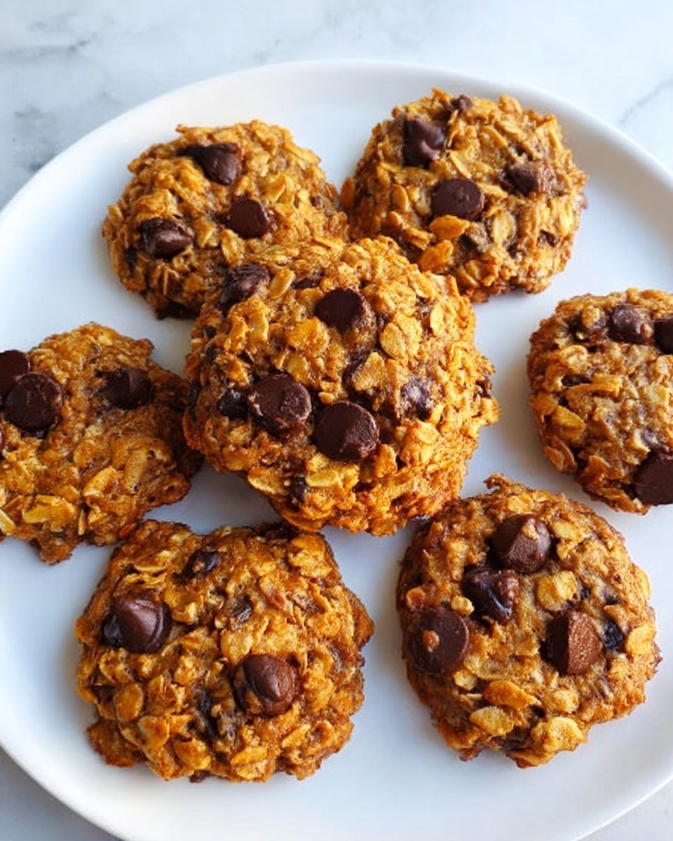 The image shows a white plate with several round oatmeal cookies that have a golden brown color and a chewy texture, each studded with small dark chocolate chips scattered unevenly on the surface. The cookies are placed on a white marbled surface, and the lighting highlights the rough texture of the oats and the smooth melted areas of the chocolate chips. photo taken with an iphone --ar 4:5 --v 7
