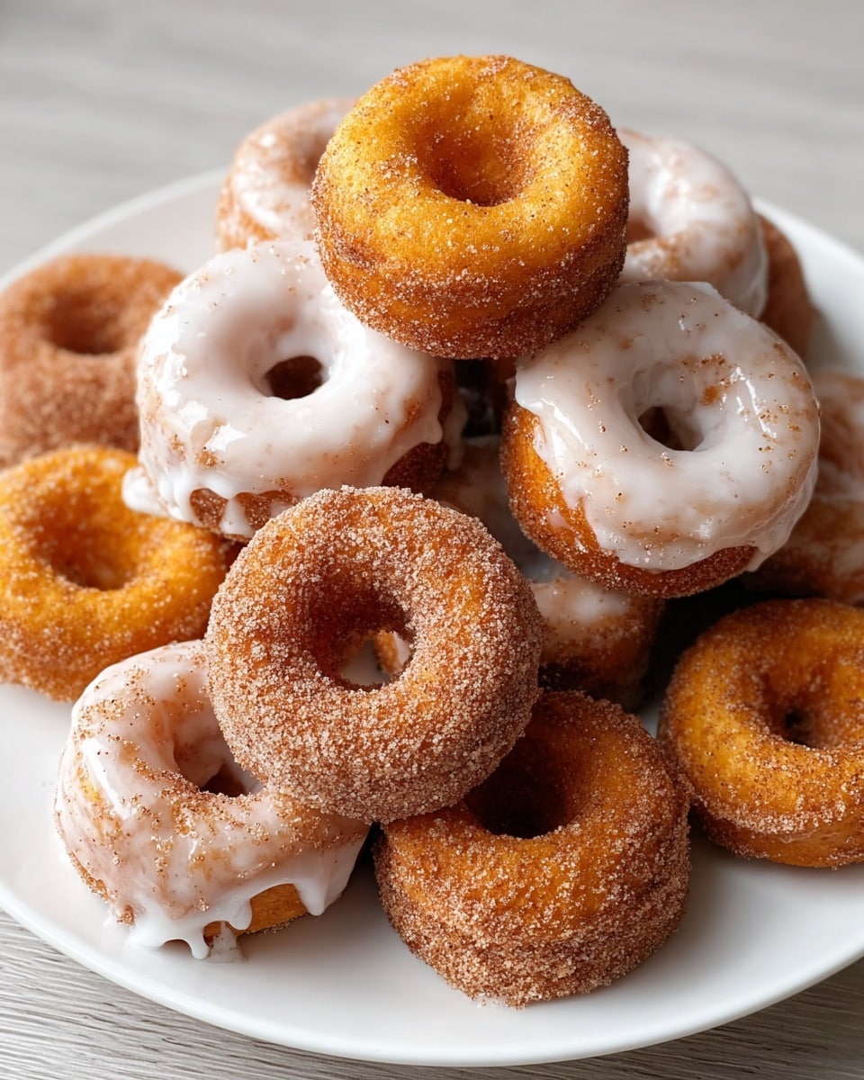 A white plate holds a pile of small, round donuts with a hole in the middle. Some donuts have a light orange-brown color with a soft, spongy texture, while others are covered with a layer of white icing that drips slightly down the sides. The donuts are sprinkled with fine sugar, giving a grainy texture and a light sparkling effect. They are stacked in a slightly messy way so all donuts are visible. The plate sits on a white marbled textured surface. photo taken with an iphone --ar 4:5 --v 7