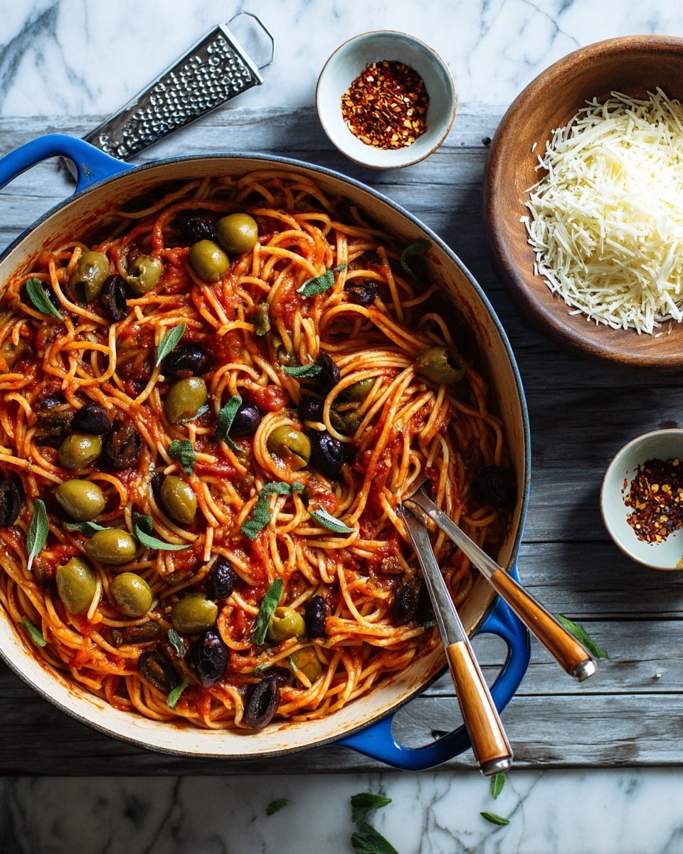 A close-up view of a blue-handled pot filled with spaghetti coated in a thick red tomato sauce mixed with whole green and black olives scattered throughout. The pasta is twisted and layered with chunks of tomato and fresh green herb leaves on top. Inside the pot, two old-fashioned silver forks with wooden handles rest, one stuck in the pasta. To the right on a white marbled surface, there is a small white bowl of red pepper flakes and a wooden bowl overflowing with grated white cheese, some scattered around it. photo taken with an iphone --ar 4:5 --v 7