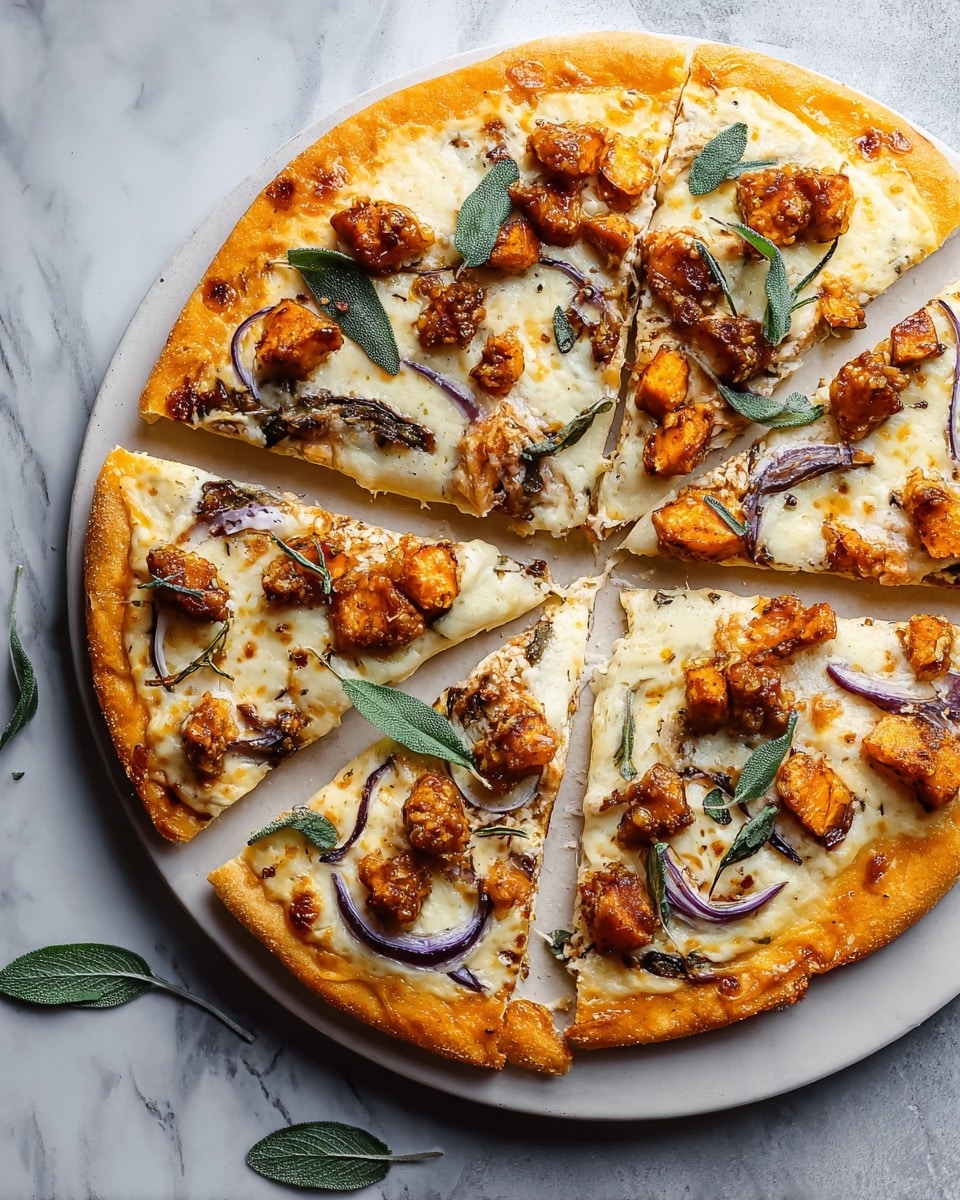 A round pizza is cut into eight slices, showing a thick golden crust with a slightly crispy texture. The first layer is a smooth orange sauce spread evenly on the crust. On top of that is a melted white cheese layer with patches of browned spots, giving it a rich look. Scattered over the cheese are chunks of roasted orange sweet potato pieces with a slightly crispy brown edge. Thin slices of purple onion are spread across, adding a touch of color and texture. Fresh green sage leaves are placed on top, some whole and some slightly crisp from baking. The pizza sits on a white plate, and the whole scene is set on a white marbled surface. photo taken with an iphone --ar 4:5 --v 7