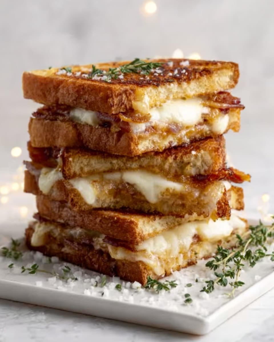 A tall sandwich made of three thick layers of golden-brown toasted bread, each separated by a creamy white melted cheese layer and crispy bacon strips. The top toast layer is slightly crispy with some herbs sprinkled on top. The sandwich is neatly stacked on a white square plate with some coarse salt and scattered herbs around it. The background has a soft white marbled texture, making the sandwich the main focus. Photo taken with an iphone --ar 4:5 --v 7