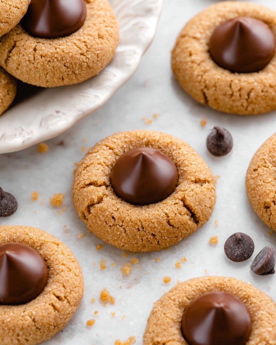 The image shows several round cookies with a soft, slightly rough texture in light brown color arranged on a white marbled surface. Each cookie has one layer, with a darker brown, smooth, glossy chocolate candy placed in the center, creating a small raised dome shape that contrasts with the matte cookie base. There is a light sprinkling of crumbs on the surface around the cookies, and a few loose chocolate chips are visible near the edge. Part of a white plate with a subtle pattern holds some cookies on the upper left side. photo taken with an iphone --ar 4:5 --v 7