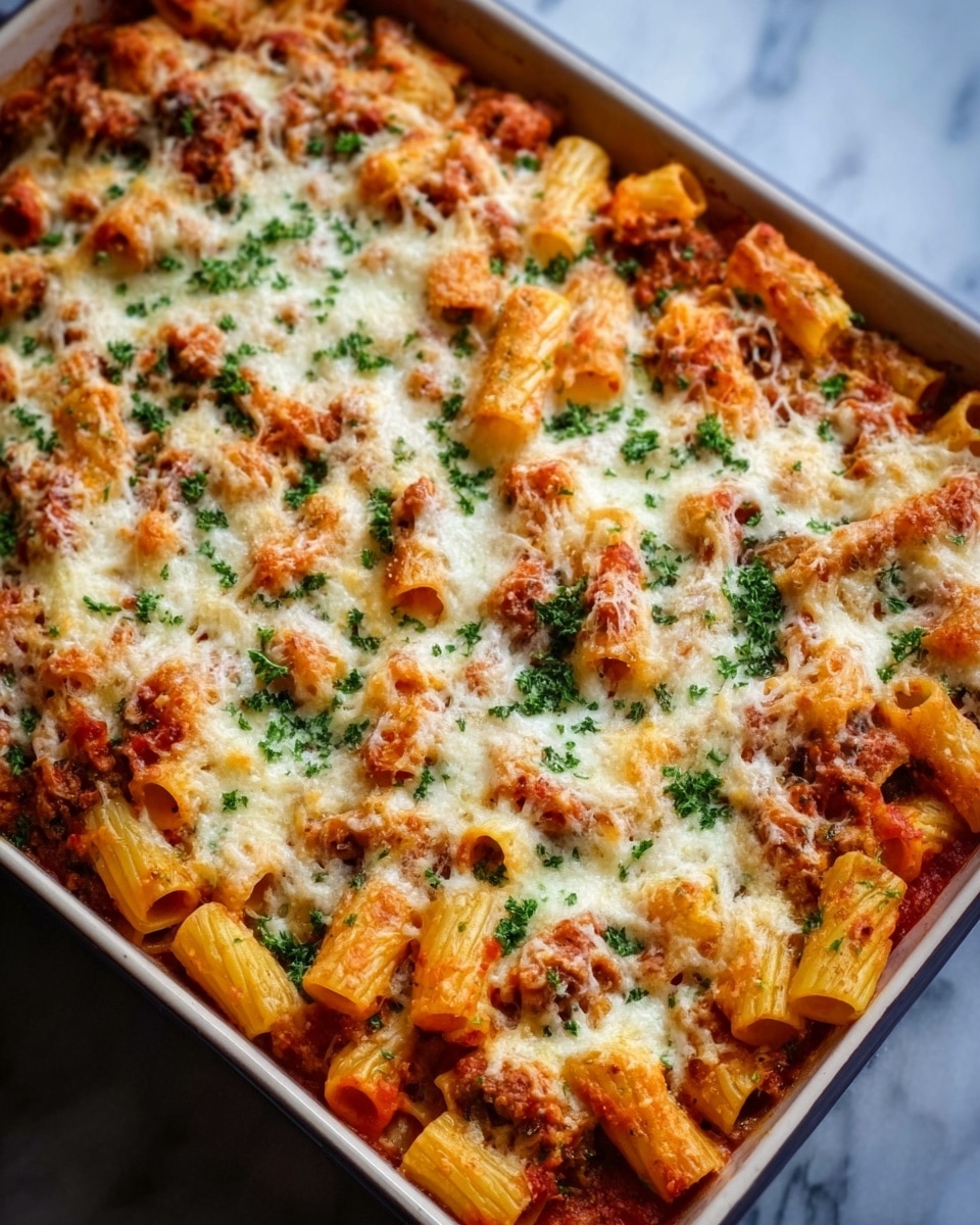 The image shows a baking dish filled with a baked pasta dish featuring rigatoni pasta. The rigatoni is covered in a rich tomato sauce layer mixed with bits of meat or vegetables. On top of this is a thick, even layer of melted cheese, which is golden and bubbly in some spots. The dish is sprinkled with a garnish of finely chopped green herbs, likely parsley, adding a fresh pop of color. The baking dish sits on a white marbled surface. photo taken with an iphone --ar 4:5 --v 7
