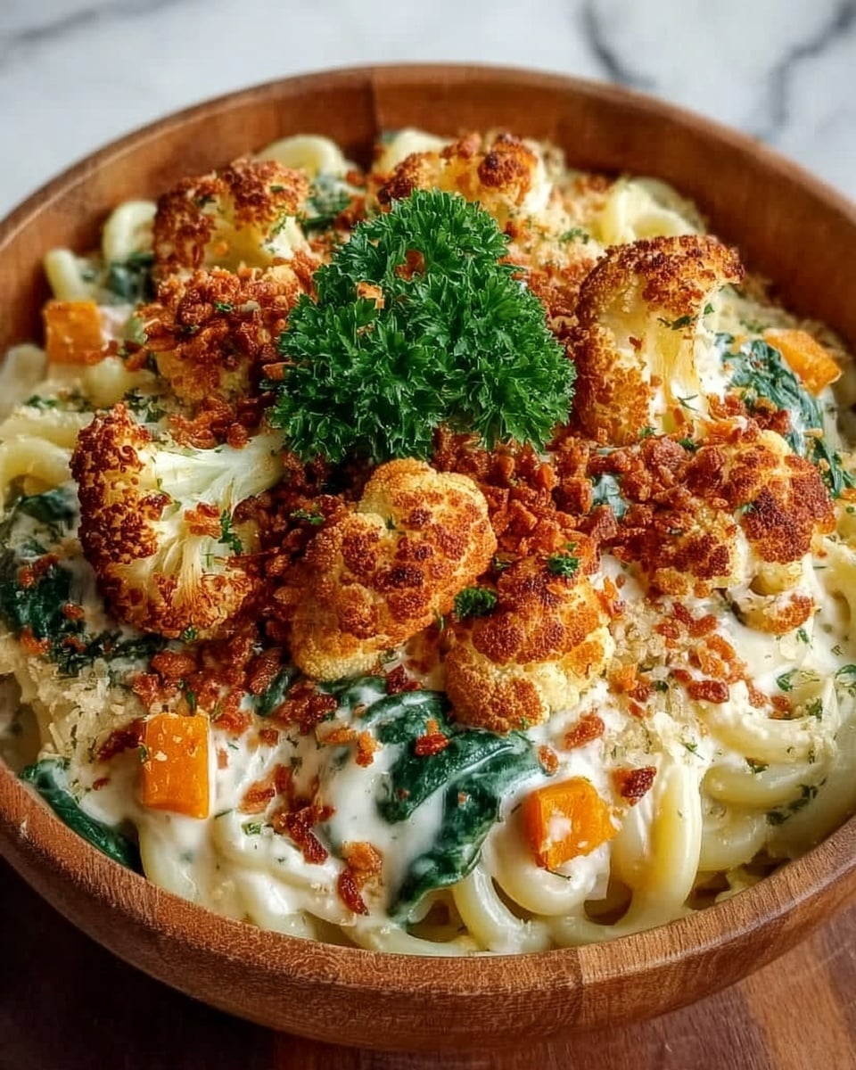 The dish shows creamy pasta layered at the bottom with curly, pale yellow noodles forming the base. On top, there are roasted cauliflower florets, browned and crispy with a rough texture, combined with cooked green spinach leaves and small orange chunks that look like butternut squash. A rich white sauce covers the pasta and vegetables, melting smoothly with some golden toasted bits on top. Crumbled reddish-brown crispy bits are sprinkled all over, adding texture and color contrast. The dish is garnished with a fresh green parsley sprig placed in the center. It is served in a wooden bowl placed on a white marbled surface. Photo taken with an iphone --ar 4:5 --v 7
