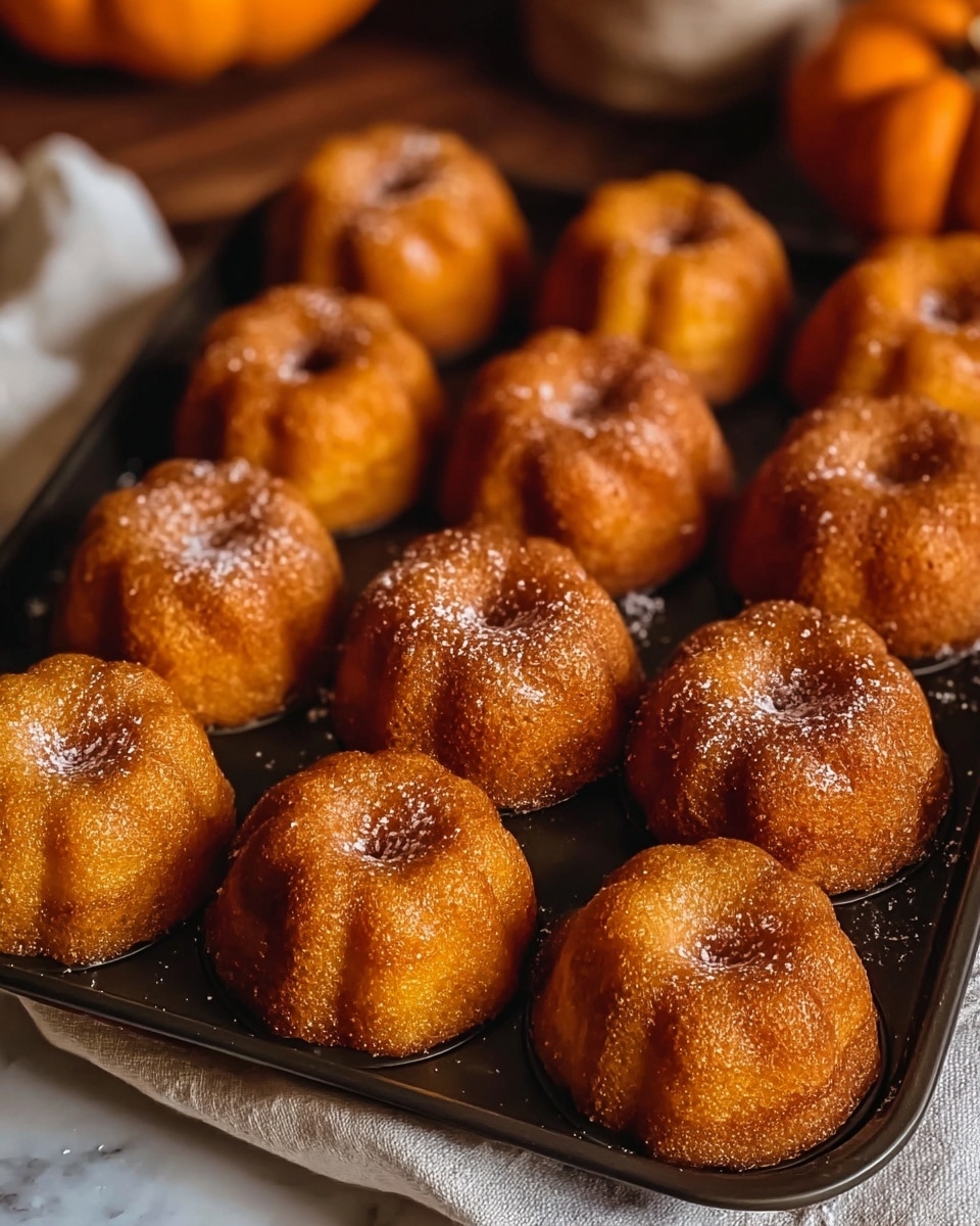 The image shows a tray filled with golden-brown mini bundt cakes arranged closely together in four rows. Each cake has a slightly rough texture on the outside and a small indentation at the top, with a light dusting of powdered sugar that adds a touch of white contrast on the warm, shiny surface. The tray is dark and rectangular, placed on a white marbled surface with a light cloth underneath. In the background, blurred elements suggest a cozy setting with warm colors. photo taken with an iphone --ar 4:5 --v 7
