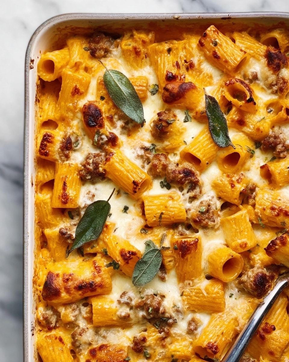 The image shows a baked pasta dish in a white rectangular baking tray with creamy orange sauce coating the rigatoni pasta tubes mixed with browned sausage pieces. Melted cheese is bubbling on top with browned spots, sprinkled with crispy sage leaves that add a touch of green. The creamy sauce appears thick and rich, creating a smooth texture between the pasta. The scene sits on a white marbled surface, and the overall look is warm, cheesy, and inviting. Photo taken with an iphone --ar 4:5 --v 7