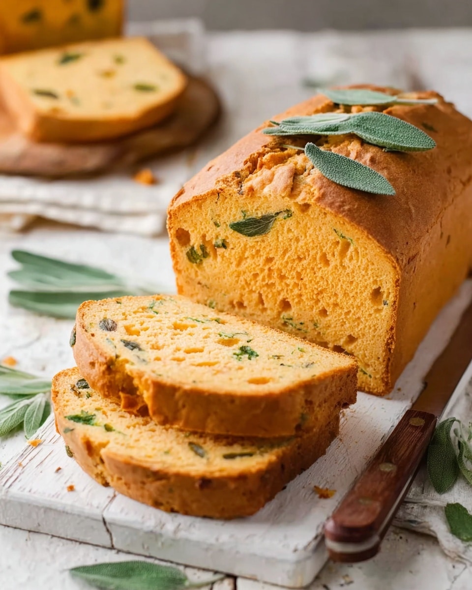 The image shows a loaf of bread with two thick slices cut and laid flat in front. The bread is light orange with small green bits inside, showing some texture through the slices. The crust is a smooth golden brown, shiny and soft. A few green leaves are placed on top of the loaf and some around it for decoration. The bread rests on a white wooden board on a surface with a white marbled texture. A knife with a brown handle lies next to the board. In the blurry background, there appears to be another loaf on a wooden cutting board. Photo taken with an iphone --ar 4:5 --v 7