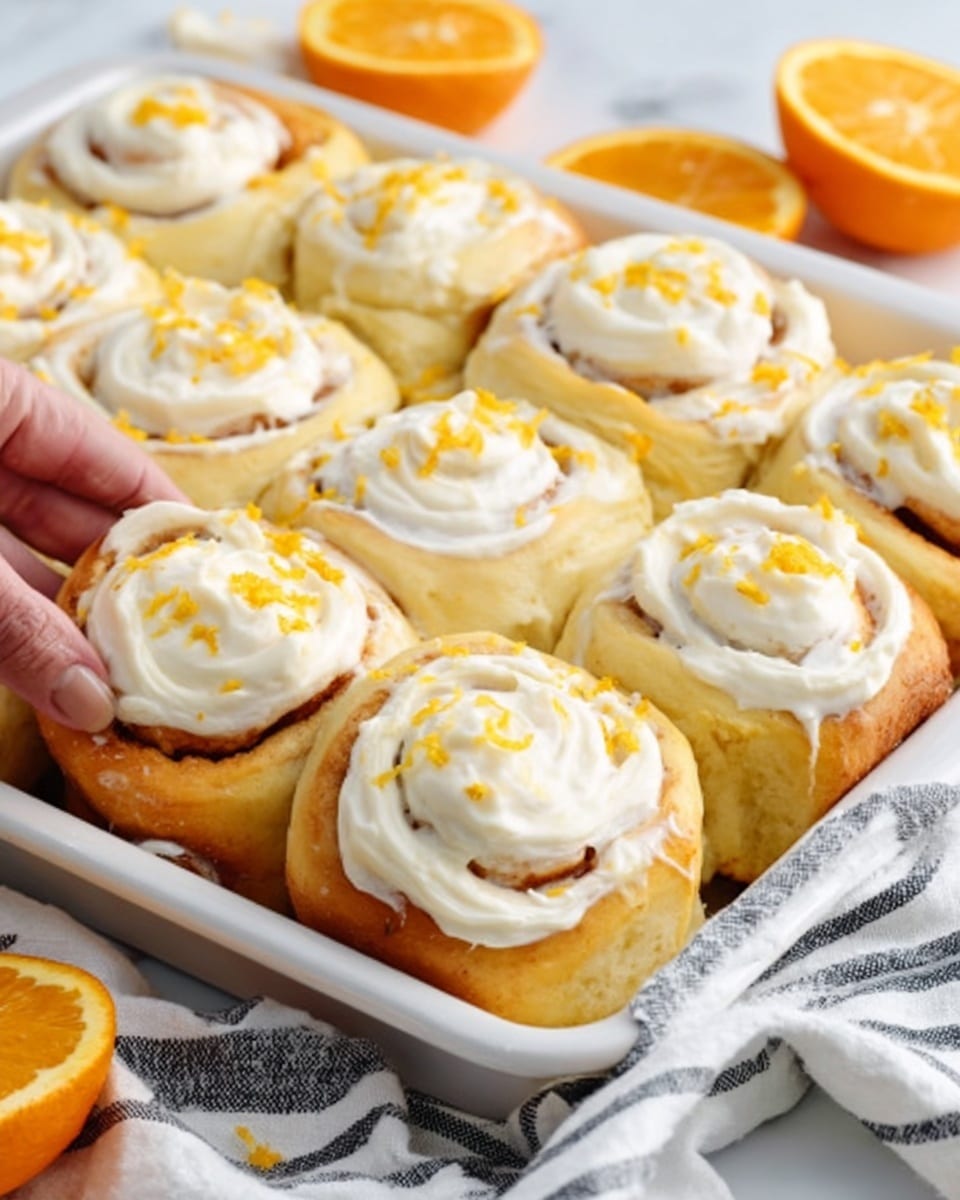 The image shows a white baking tray filled with soft, swirled cinnamon rolls topped with creamy white icing. Each roll has thick, smooth layers of light golden brown dough, and the icing covers the top in a swirled pattern with small pieces of bright orange zest sprinkled over. A woman's hand holds a white cloth with dark stripes, resting near the tray. The tray is placed on a white marbled surface, and three halves of fresh, bright orange fruit are beside the tray, adding a fresh and colorful touch. photo taken with an iphone --ar 4:5 --v 7