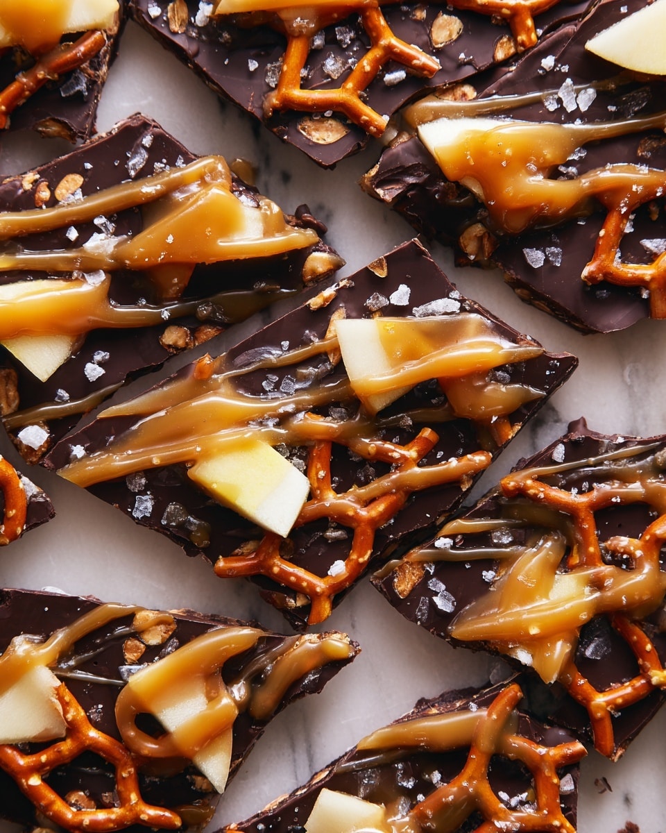 The image shows several rectangular bars on a white marbled surface, each with three visible layers: a dark, smooth chocolate layer at the bottom, topped with small pretzel pieces in a light brown color, and scattered chunks of pale yellow apple. Over the top, there are thin drizzles of golden caramel sauce and darker chocolate drizzle, giving the surface a glossy look. The pretzels are partially embedded in the chocolate, and some flaky salt crystals are sprinkled on top, adding texture to the sweet and salty mix. photo taken with an iphone --ar 4:5 --v 7