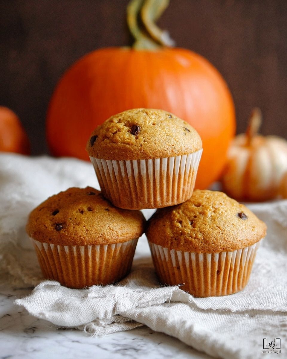 The image shows three pumpkin muffins in white paper cups arranged on a soft, textured cloth with beige and orange stripes. The muffins have a golden-brown crust with slight cracks on top, showing a fluffy interior with tiny dark spots, likely chocolate chips or spices. In the background, there is a large, bright orange pumpkin with a dark brown stem, slightly out of focus, against a warm, dark brown setting. The scene has a cozy, autumn feel, with natural lighting highlighting the muffins' textures and the pumpkin's ridges. Photo taken with an iphone --ar 4:5 --v 7