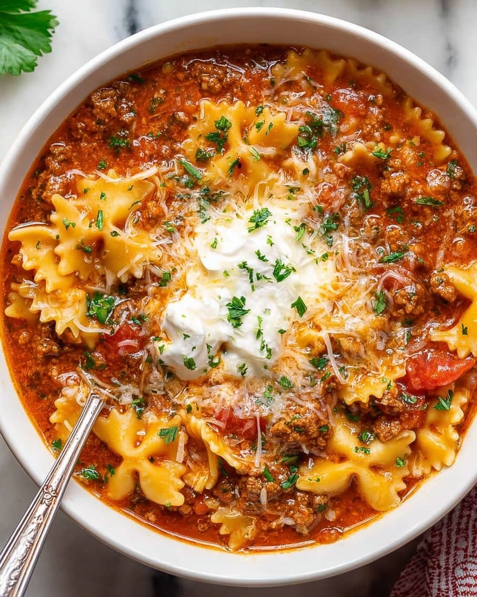 The image shows a white bowl filled with a rich, hearty soup made with short, wide pasta pieces that have a ruffled edge, mixed evenly throughout a thick reddish-brown sauce with visible ground meat and small tomato chunks. In the center on top, there is a dollop of white creamy cheese, surrounded by shredded mozzarella cheese sprinkled with bright green parsley leaves. A silver spoon rests on the left side of the bowl, partially immersed in the soup, all set on a white marbled surface. photo taken with an iphone --ar 4:5 --v 7