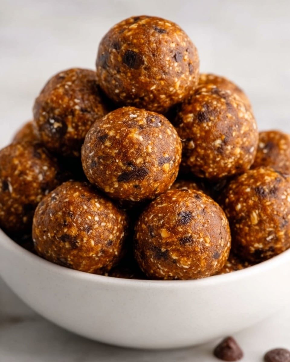 The image shows a close-up view of a bowl filled with round energy balls. Each ball is light brown with a slightly rough texture, featuring small darker chocolate chips embedded throughout. The balls are packed closely together and centered in a plain white bowl. The background is a white marbled texture, giving a clean and bright look to the whole scene. The energy balls look dense and chewy, with some visible tiny pieces of nuts or oats in the mixture. photo taken with an iphone --ar 4:5 --v 7