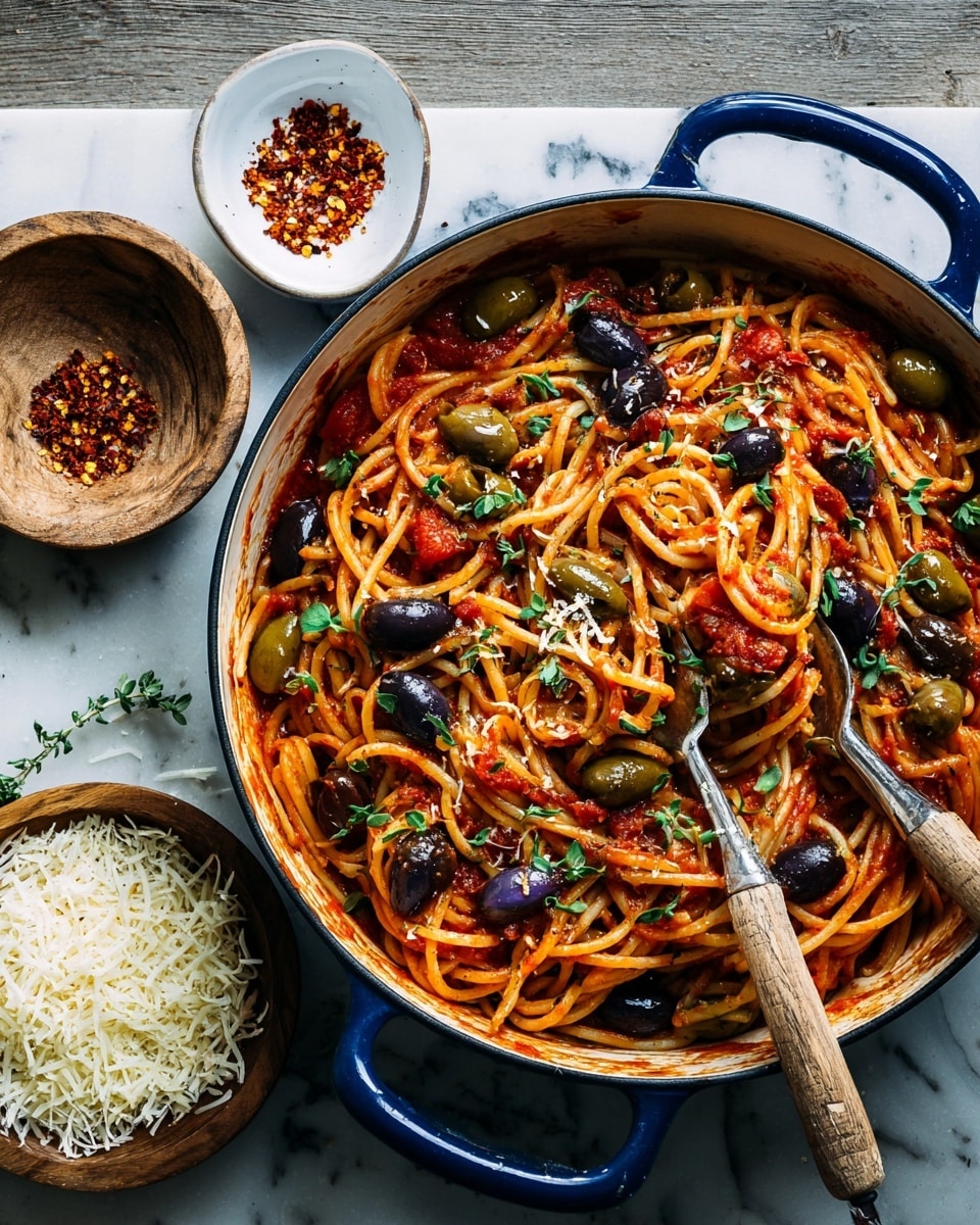 A large round white pot filled with spaghetti pasta mixed with a rich red tomato sauce, scattered with large green olives and smaller dark purple olives. Fresh green herb leaves are sprinkled on top, adding bright color contrast. The sauce clings to the pasta strands, which are thick and slightly twisted. There are two old-fashioned silver forks with wooden handles resting inside the pot near the top edge. The pot is placed on a white marbled surface with a small wooden bowl full of grated white cheese and a small white bowl containing crushed red pepper flakes to the right. photo taken with an iphone --ar 4:5 --v 7