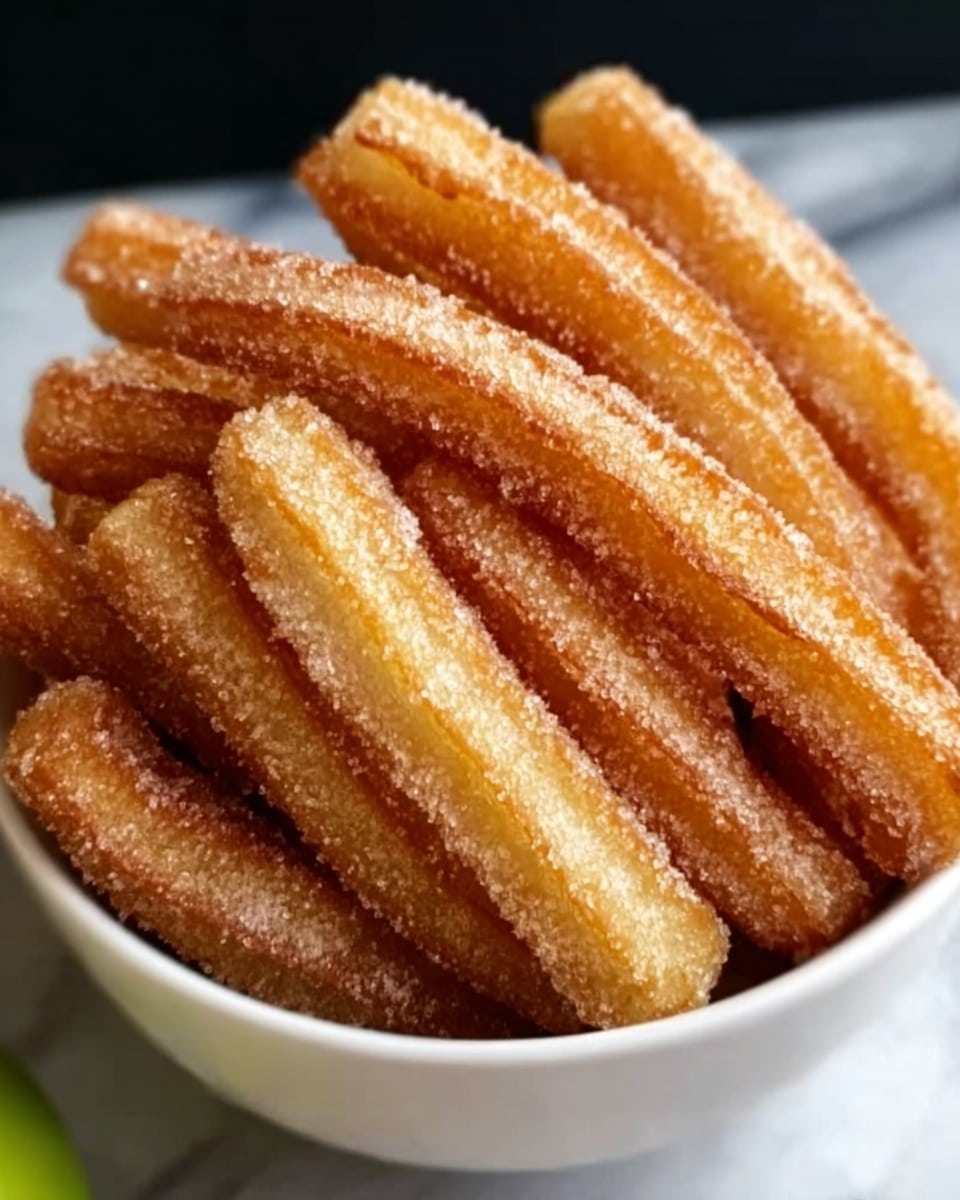 A bowl filled with golden brown churros coated in sugar, stacked loosely on top of each other. The churros have a crispy texture and slight ridges running along their length. The bowl is white, creating a bright contrast with the warm color of the churros, all set on a white marbled surface. photo taken with an iphone --ar 4:5 --v 7