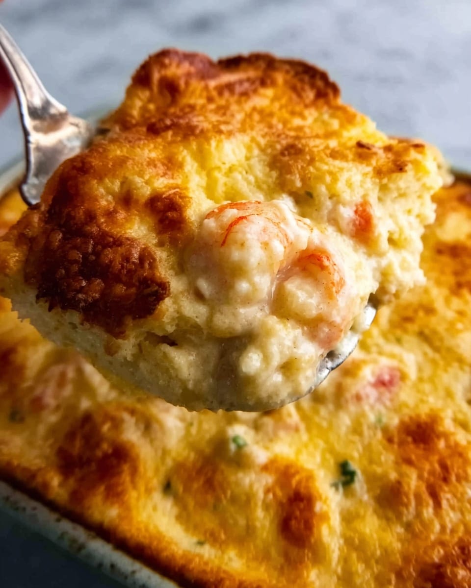 A close-up of a golden brown baked casserole with a thick, bubbly cheese crust on top, lightly browned and slightly crispy, covering layers beneath. Inside, tender chunks of light brown shrimp mixed with soft cream sauce are visible under the cheese. The texture looks creamy and soft with bits of pink shrimp popping through. The dish is held by a woman's hand with a metal spatula scooping a portion from the edge. The background shows a white marbled texture. photo taken with an iphone --ar 4:5 --v 7