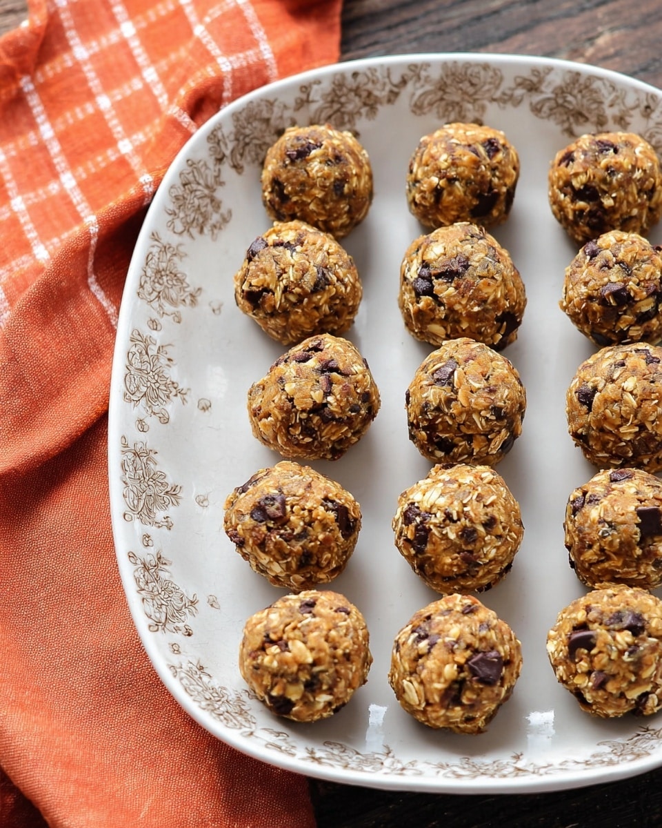 A pink rectangular plate holds fifteen round, bite-sized energy balls arranged neatly in three rows of five. Each ball is textured with visible oats and small dark chocolate chunks, giving a rough, natural look with a mix of golden brown and dark brown colors. The plate has a delicate floral pattern along its edge, and it sits on a dark wooden surface next to an orange checkered cloth. The lighting highlights the texture and color contrast of the balls clearly. Photo taken with an iphone --ar 4:5 --v 7