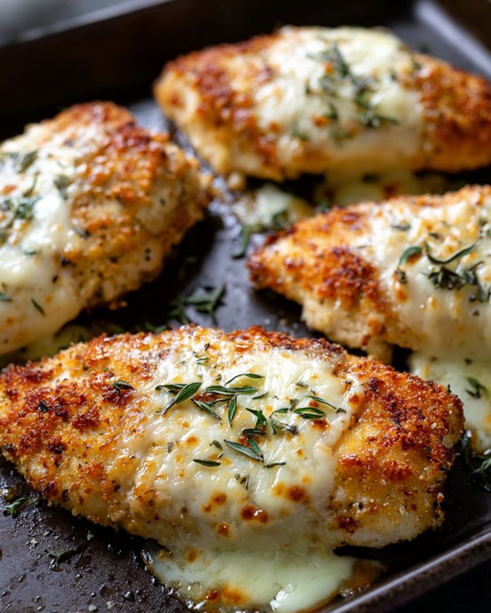 The image shows four golden-brown chicken breasts on a dark baking tray, each topped with a melted layer of creamy white cheese that slightly flows over the edges. The chicken has a crispy, textured crust with small browned bits, accentuated by fresh green herb sprigs scattered on top, adding a touch of color and freshness. The cheese layer is thick and smooth, contrasting nicely with the rough, crunchy surface of the chicken underneath. Photo taken with an iphone --ar 4:5 --v 7