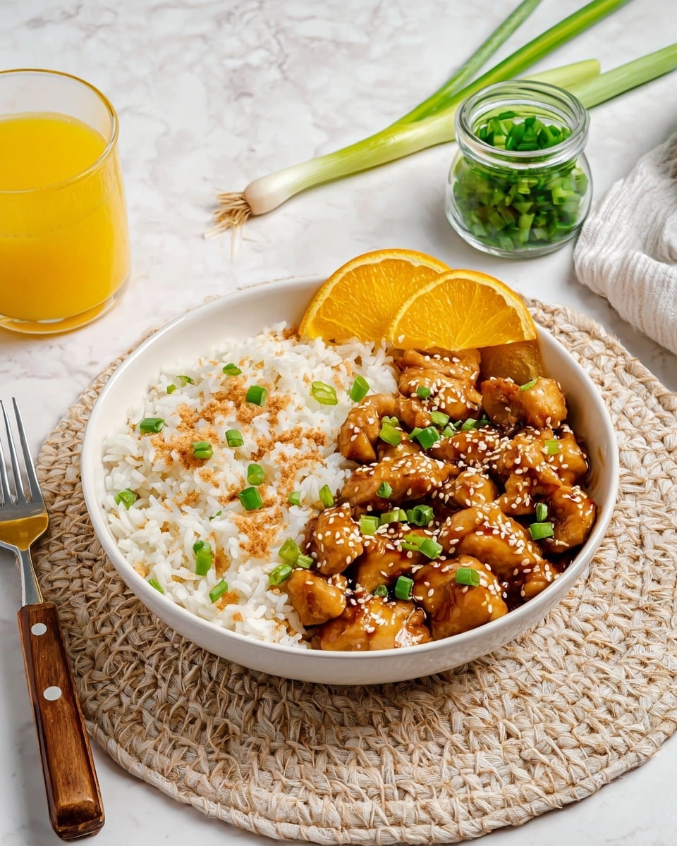 A white bowl sits on a woven light tan placemat on a white marbled surface, filled half with white rice sprinkled with small brown flakes, and the other half with glossy, golden-brown chicken pieces covered in sauce, topped with sesame seeds and chopped green onions. Two bright orange wedges rest on top of the chicken. Nearby, a glass with orange juice, two white green onions, a fork with a wooden handle, and a small glass jar filled with more chopped green onions complete the scene. photo taken with an iphone --ar 4:5 --v 7