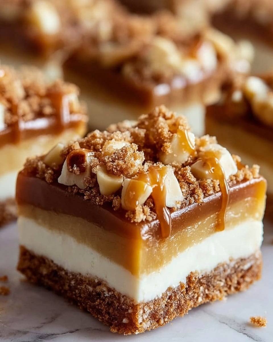The image shows a close-up of a square dessert bar with four clear layers on a white marbled surface. The bottom layer is a crumbly, light brown crust that looks firm. Above it is a thick, smooth caramel layer in a shiny medium brown color. Next is a creamy white layer that is thick and soft in texture. The top layer features chunks of pale brown nuts scattered over a drizzle of glossy caramel sauce, sprinkled with coarse, crumbly brown topping. More similar dessert pieces are blurred in the background, giving a sense of depth. photo taken with an iphone --ar 4:5 --v 7