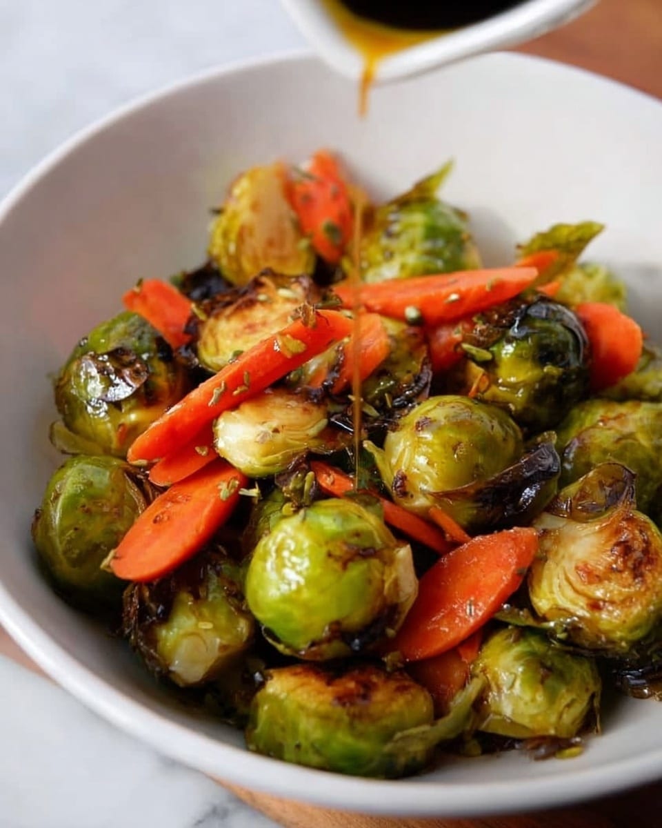 The image shows a white bowl filled with roasted Brussels sprouts and sliced carrots. The Brussels sprouts have a golden-brown, slightly charred outer layer, with some pieces cut in halves showing their green, soft inner texture. Thin slices of bright orange carrot are mixed evenly throughout, adding a pop of color. A dark sauce is being poured gently over the vegetables, creating small shiny spots on the surface. The bowl sits on a white marbled surface. photo taken with an iphone --ar 4:5 --v 7