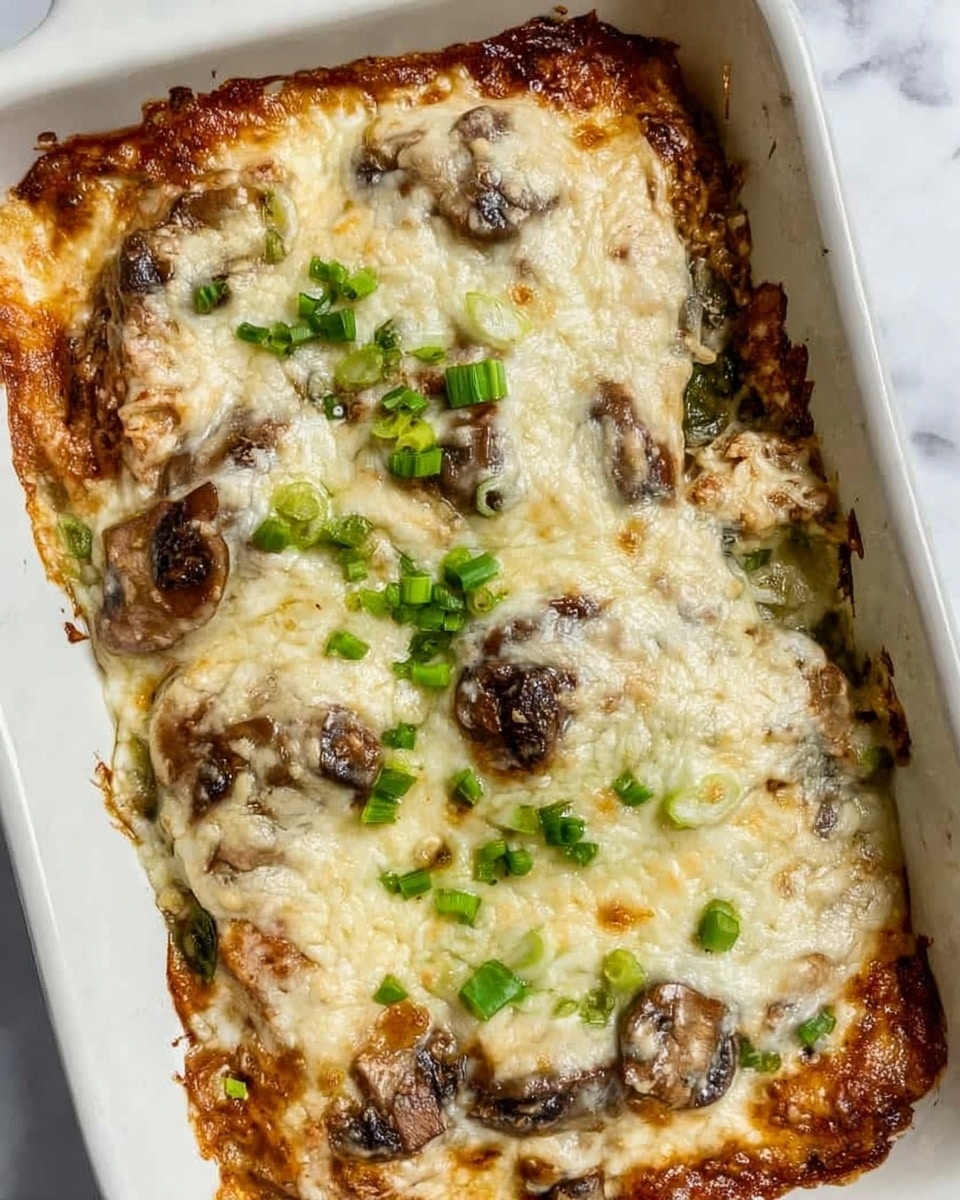 The image shows a close-up view of a baked dish in a white rectangular dish. The top layer is melted, golden-brown cheese with gooey texture spread unevenly across the surface. Under the cheese, there are pieces of browned mushrooms that add texture and a darker contrast. Small green onion bits are sprinkled on top, adding bright green spots throughout. The edges of the dish have slightly browned bits where the cheese has cooked more. The background is a white marbled texture. photo taken with an iphone --ar 4:5 --v 7