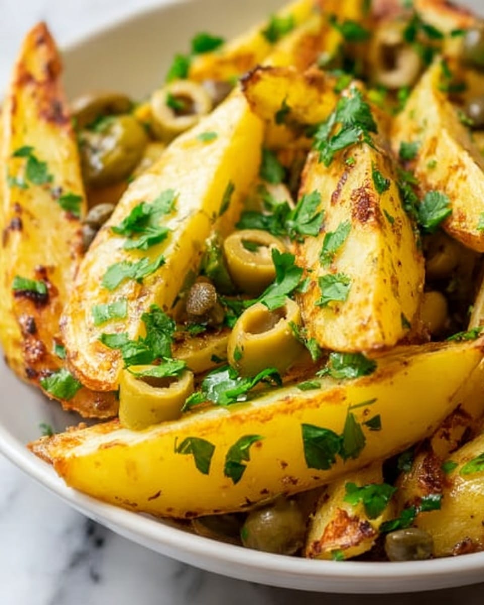 The image shows a close-up of golden yellow potato wedges that are lightly browned and crispy on the edges, arranged in a white bowl. Scattered over the potato wedges are slices of green olives and bits of green parsley leaves, adding a fresh touch. The texture of the potatoes is slightly rough with some charred spots, and the parsley looks fresh and vibrant. The whole scene is set on a white marbled surface, creating a clean and bright background. photo taken with an iphone --ar 4:5 --v 7