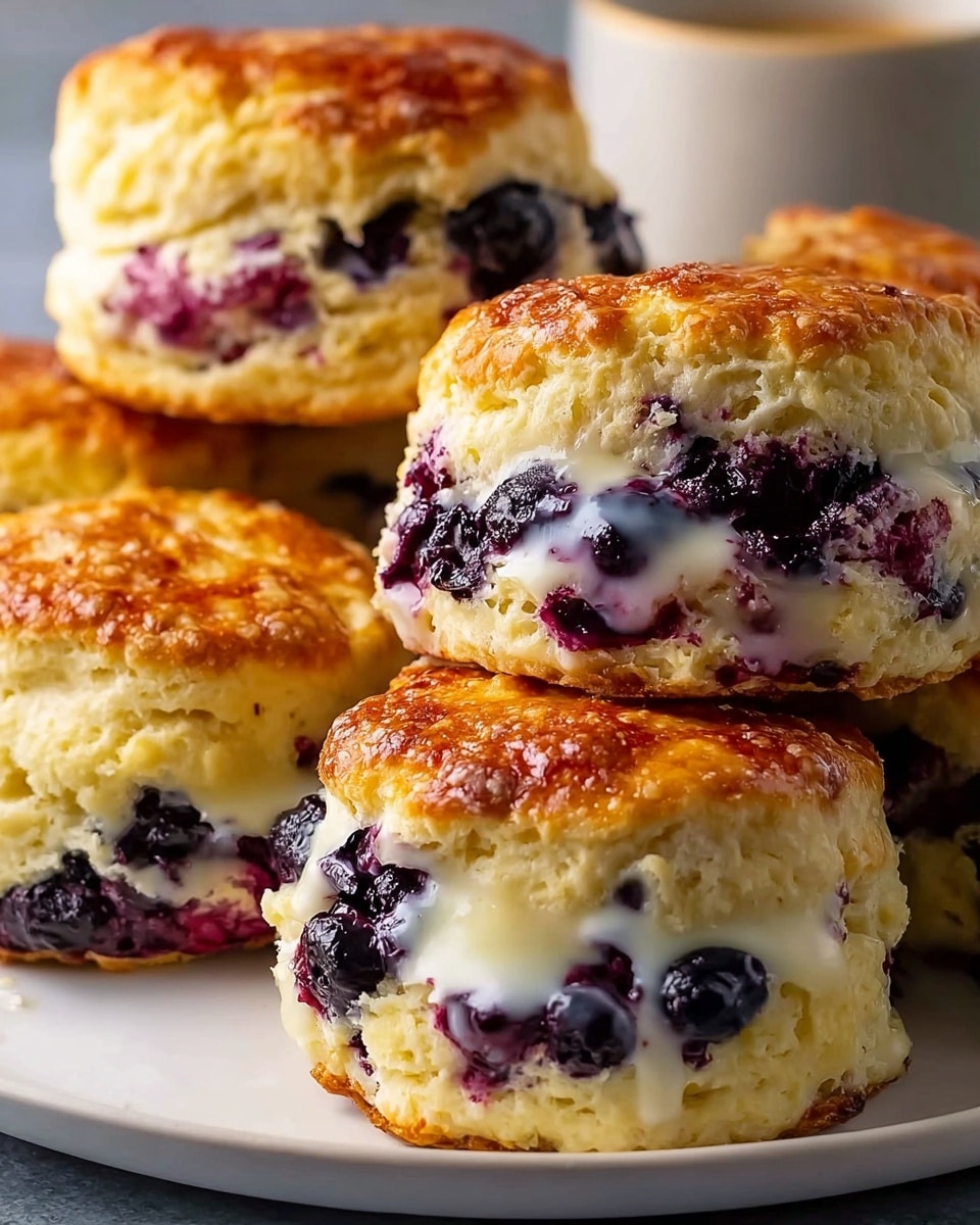 The image shows several blueberry scones arranged closely on a white plate with a white marbled texture underneath. Each scone has two layers: the top layer is golden brown with a slightly crisp texture, while the bottom layer holds plump, dark purple blueberries mixed with creamy white batter that appears soft and moist, slightly oozing out around the berries. The scones have a rustic, homemade look with uneven edges and a light dusting of powdered sugar on top of some. In the background, there is a blurred cup in pale blue. photo taken with an iphone --ar 4:5 --v 7