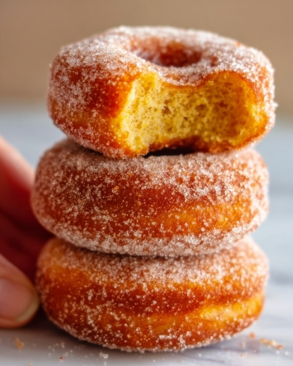A close-up image of three stacked sugar-coated donuts with a soft, golden-brown texture. The top donut has a bite taken out, showing its moist, fluffy, yellowish inside. The donuts are round, with a slightly rough sugar coating that sparkles in the light. They sit on a white marbled surface, and a woman's hand is gently holding the top donut from the side. The background is blurred to keep the focus on the donuts. Photo taken with an iphone --ar 4:5 --v 7