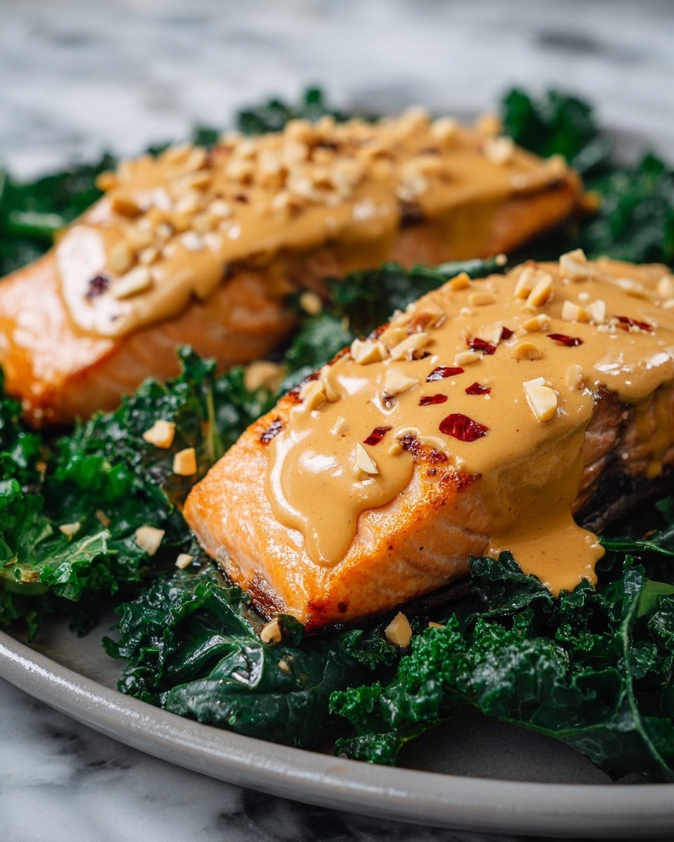 The image shows two thick salmon fillets with a light orange color, grilled and placed on a bed of dark green kale leaves. Each fillet is topped with a smooth, creamy light brown sauce that covers the top fully, sprinkled with crushed peanuts and small red chili flakes. The fillets and kale are served on a white plate with a smooth finish. The background has a white marbled texture, adding a clean and bright look to the presentation. photo taken with an iphone --ar 4:5 --v 7