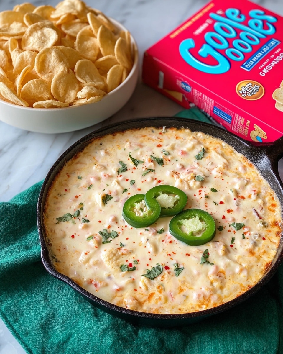 The image shows a black cast iron skillet filled with a creamy, slightly browned cheese dip topped with three bright green jalapeño slices and sprinkled with small green herb leaves and red chili flakes. The dip has a smooth, melted texture with small pieces of ingredients visible throughout. Behind the skillet is a white bowl filled with crunchy, curved light beige snack shells. To the right, there is a bright red box with blue and white text. The items are placed on a green cloth over a white marbled surface. photo taken with an iphone --ar 4:5 --v 7