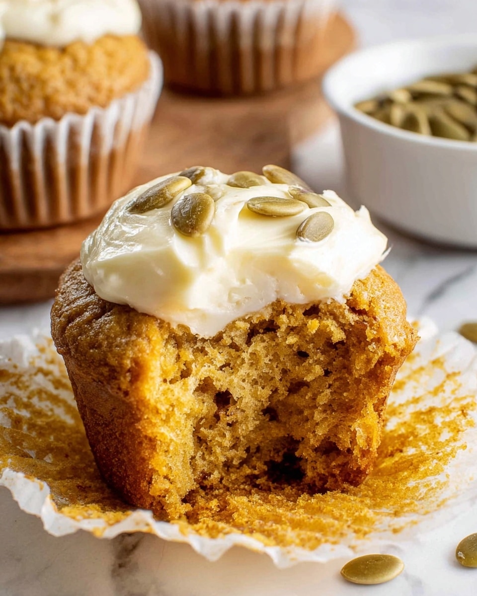 The image shows a close-up of a single muffin with three layers. The bottom layer is a white crinkled muffin liner holding a golden-brown muffin that looks soft and crumbly. The muffin is partially eaten, showing a moist inside with a lighter texture than the outside. On top, there is a dollop of creamy white frosting with a smooth texture sprinkled with a few greenish pumpkin seeds. In the blurred background, there is another whole muffin and a white bowl filled with more pumpkin seeds, all set on a white marbled surface. photo taken with an iphone --ar 4:5 --v 7