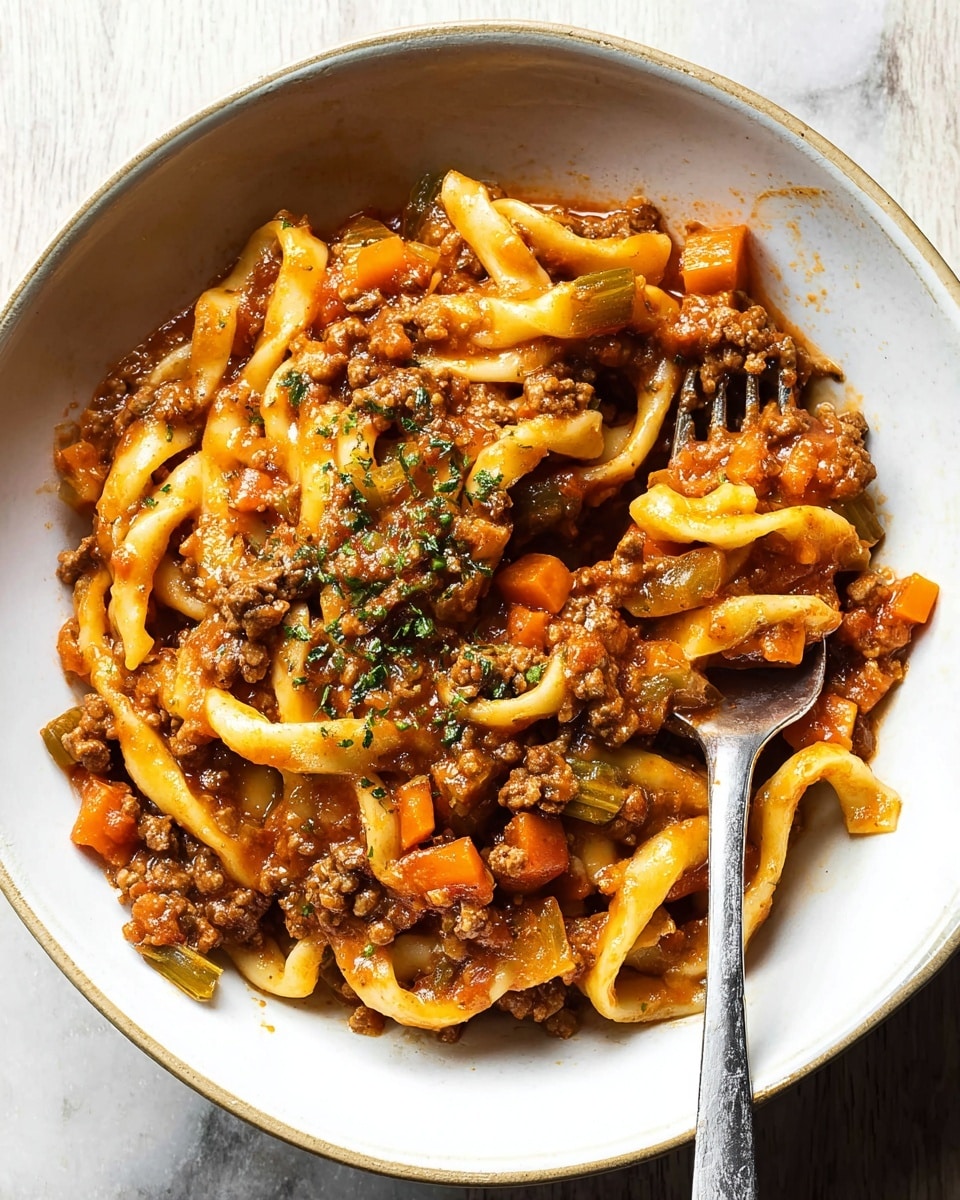 A white shallow bowl holds a serving of pasta with a rich, chunky tomato sauce mixed with ground meat and small diced vegetables like carrots and celery. The pasta is thick and curved, coated in the reddish-orange sauce with visible herbs sprinkled on top, adding green accents. A metal fork rests inside the bowl with some pasta pieces on it. The bowl sits on a white marbled surface. photo taken with an iphone --ar 4:5 --v 7