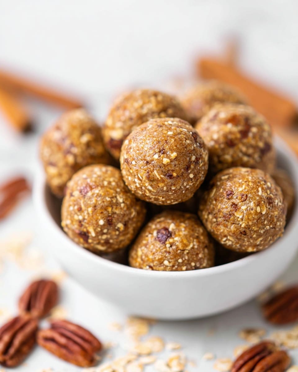 A white bowl filled with round, golden-brown energy balls that have a coarse texture with visible bits of oats and seeds throughout. Between the energy balls, whole pecans with rich brown color and smooth texture are placed as accents. The bowl is set on a white marbled surface with scattered cinnamon sticks and pecans around it, adding warm, earthy tones to the scene. The overall look is bright and inviting, with a close-up focus on the layered texture and shapes. photo taken with an iphone --ar 4:5 --v 7