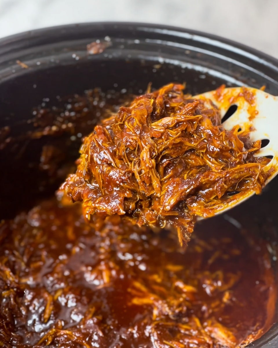 A close-up view of a white slotted spoon lifting a portion of shredded mushrooms cooked in a rich, dark brown sauce from a black pot filled with the same glossy, thick sauce and tender mushrooms. The mushrooms have a soft, fibrous texture, layered densely with the sauce coating every strand and piece, showing a mix of deep brown and reddish hues under the light. The pot's edge shows remnants of the sauce, emphasizing the warmth and moisture of the dish. The background is a white marbled texture. photo taken with an iphone --ar 4:5 --v 7