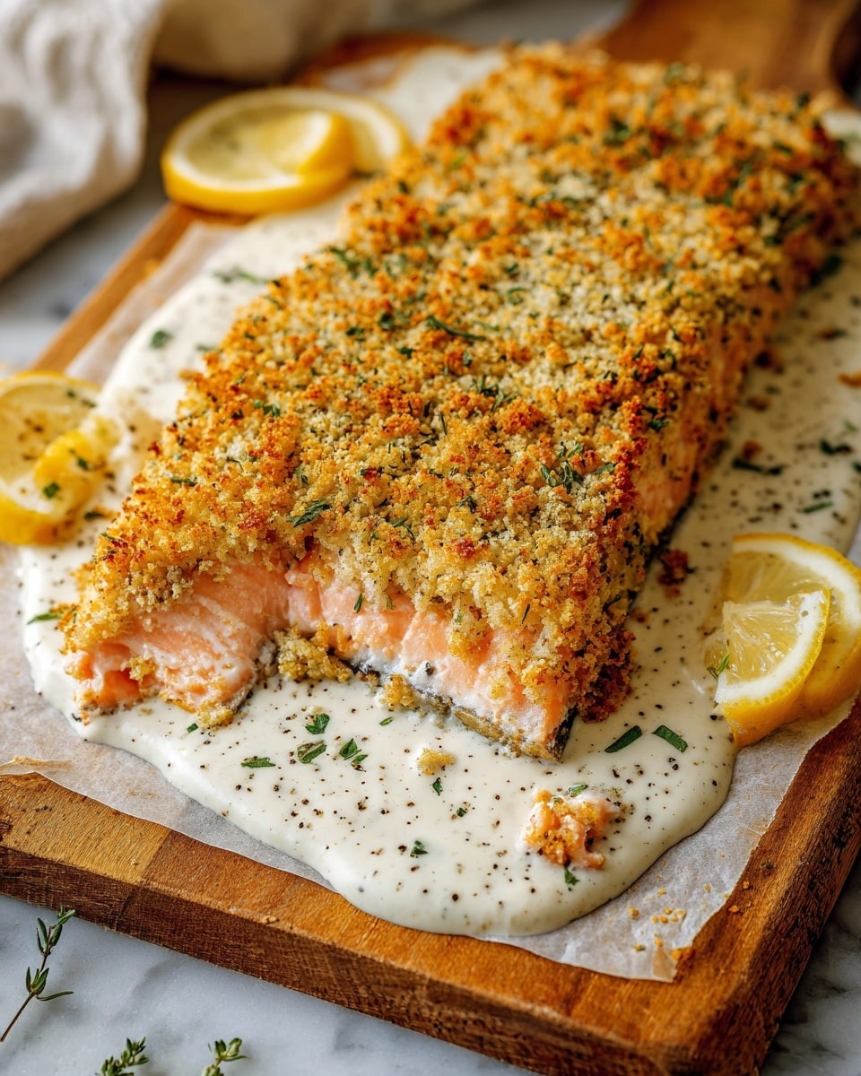 A thick piece of salmon fillet with a golden-brown crunchy breadcrumb and herb crust covers the top layer, sprinkled with green herbs. The salmon underneath is pink and moist, slightly visible where two slices have been cut. Below the fish is a creamy white sauce speckled with black pepper, spreading out on a white marbled surface, lined with a wooden board and parchment paper. Around the fillet, there are bright yellow lemon wedges and small herb sprigs scattered casually. photo taken with an iphone --ar 4:5 --v 7