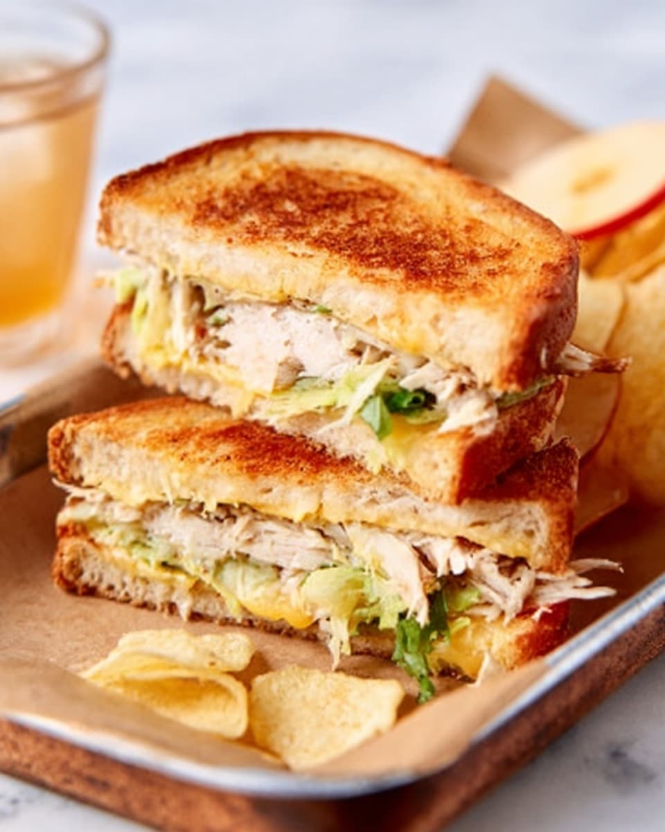 The image shows a sandwich cut in half and stacked, placed on a wooden board. The sandwich has three layers: the top and bottom layers are toasted golden brown bread slices with a slightly crisp texture; the middle layer includes shredded white turkey meat mixed with thin strips of green lettuce and thin red slices of apple. The sandwich filling looks moist and fresh. Around the sandwich, there are light golden potato chips scattered loosely. In the background, a white marbled surface replaces the original background, and there is a glass filled with a light brown drink as well as a small wedge of red apple with white flesh beside the sandwich. photo taken with an iphone --ar 4:5 --v 7