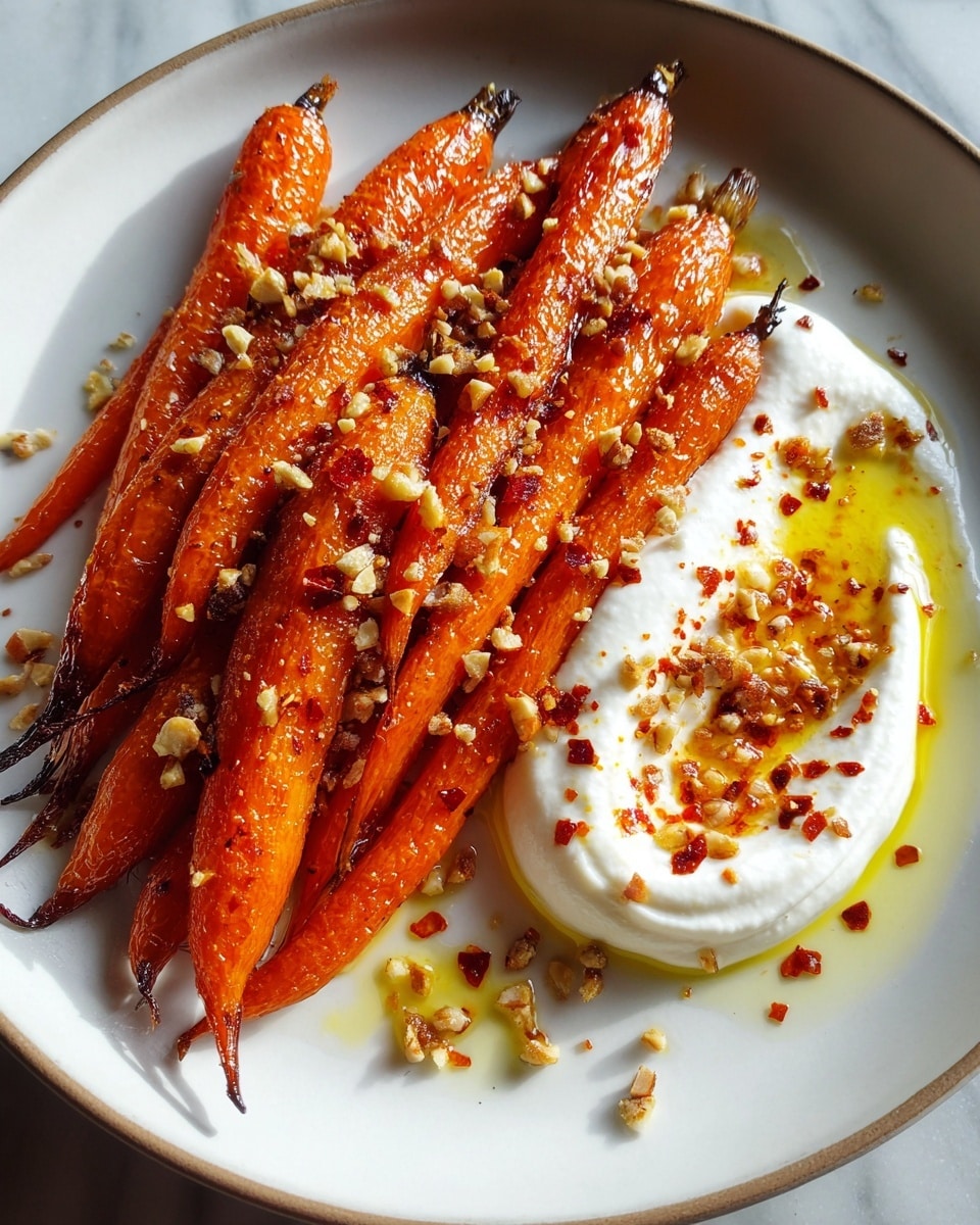 A white plate with about ten roasted carrots arranged in a neat pile on the left side, the carrots are bright orange with a shiny, slightly caramelized texture and small bits of crushed nuts sprinkled on top. On the right side of the plate is a smooth dollop of white creamy sauce, topped with golden oil and red chili flakes scattered over it. The sauce' edges merge slightly into the sauce as it catches light. The plate rests on a white marbled surface. photo taken with an iphone --ar 4:5 --v 7