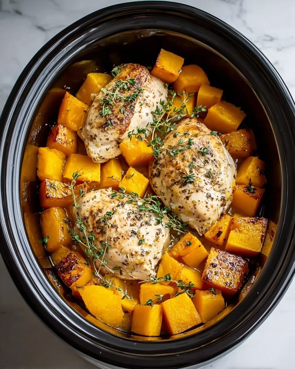 The image shows a black round slow cooker filled with three cooked chicken breasts placed side by side in the center. The chicken pieces are golden brown with a slight char and are sprinkled with black pepper and herbs. Surrounding the chicken are thick cubes of roasted orange-yellow butternut squash, some with browned edges, giving a caramelized look. Small green sprigs of fresh thyme are scattered on top of the chicken and squash, adding a pop of color. The slow cooker sits on a white marbled surface. Photo taken with an iphone --ar 4:5 --v 7