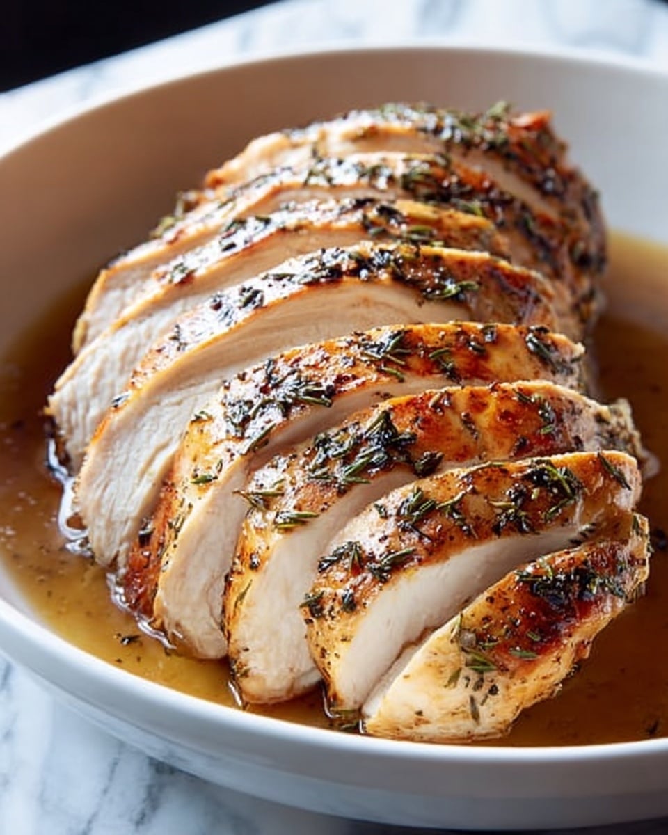 A white bowl holds a cooked turkey breast sliced into thick pieces arranged slightly fanned, revealing moist, pale inner meat. The top layer of the turkey is a golden brown with a shiny glaze, sprinkled with herbs, showing some crispy edges. The brown juice pools at the bottom of the bowl, enhancing the glossy look of the turkey. The bowl is placed on a white marbled surface. photo taken with an iphone --ar 4:5 --v 7