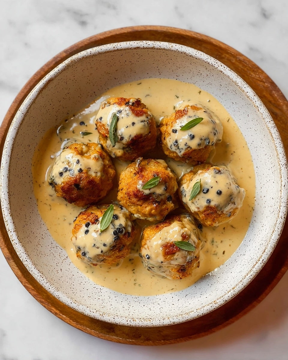 A white speckled bowl holds seven golden-brown meatballs covered in a creamy light beige sauce dotted with dark green herb leaves, resting on a wooden round board. The meatballs have a textured, crispy surface, and the sauce is thick, pooling at the bottom of the bowl with visible specks of black pepper sprinkled on top. The bowl and wooden board sit on a white marbled surface with veins of gold running through. photo taken with an iphone --ar 4:5 --v 7