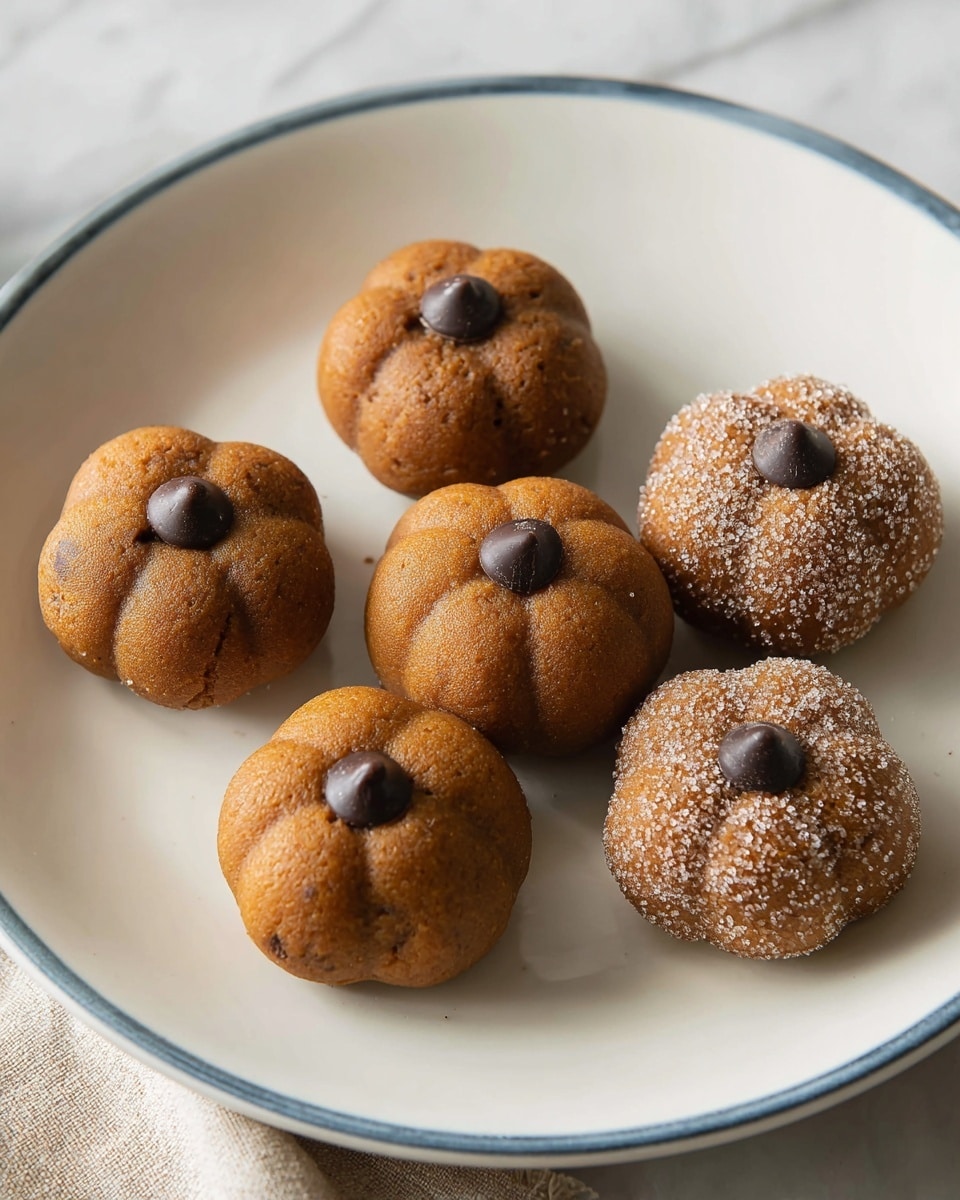 Five small pumpkin-shaped balls are arranged on a white plate with a thin blue rim. Each pumpkin ball has a smooth, brown dough texture with slight cracks and shallow indentations that create the pumpkin shape. Three of the balls are coated lightly in granulated sugar, giving them a sparkly, rough surface. Each ball is topped with a single dark chocolate chip placed at the center to mimic a pumpkin stem. The plate rests on a white marbled surface with a linen cloth partially visible in the corner. photo taken with an iphone --ar 4:5 --v 7