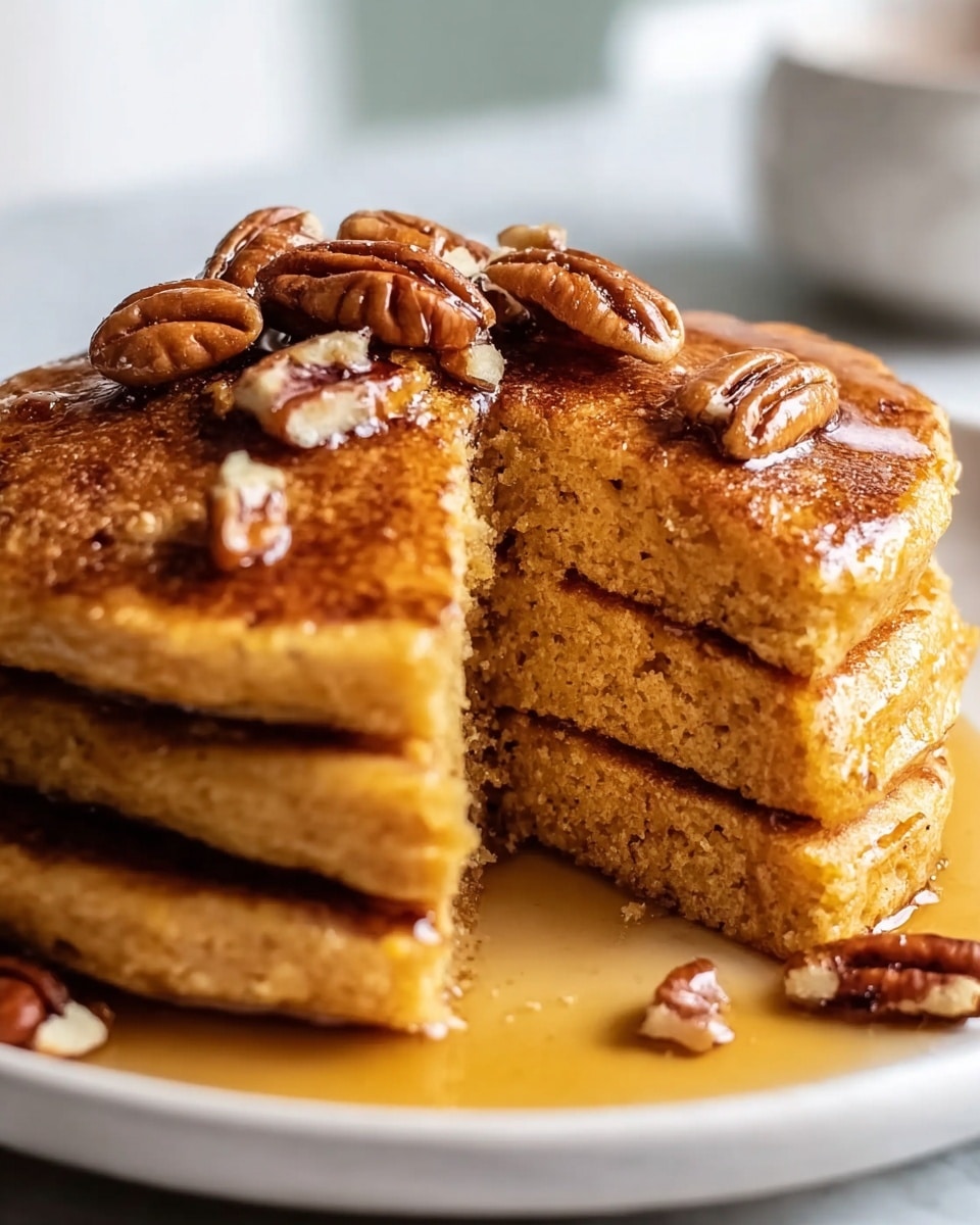 A stack of five golden brown pancakes sits on a white plate on a white marbled surface, each pancake fluffy and thick with a soft texture visible at their edges. The top pancake is partly cut to show the inside layers. Maple syrup glistens, dripping down the sides and pooling slightly at the base. On top, several whole pecans and small broken bits add a crunchy texture with their warm brown color. The background is softly blurred, highlighting the warm tones and moist shine of the pancakes. photo taken with an iphone --ar 4:5 --v 7
