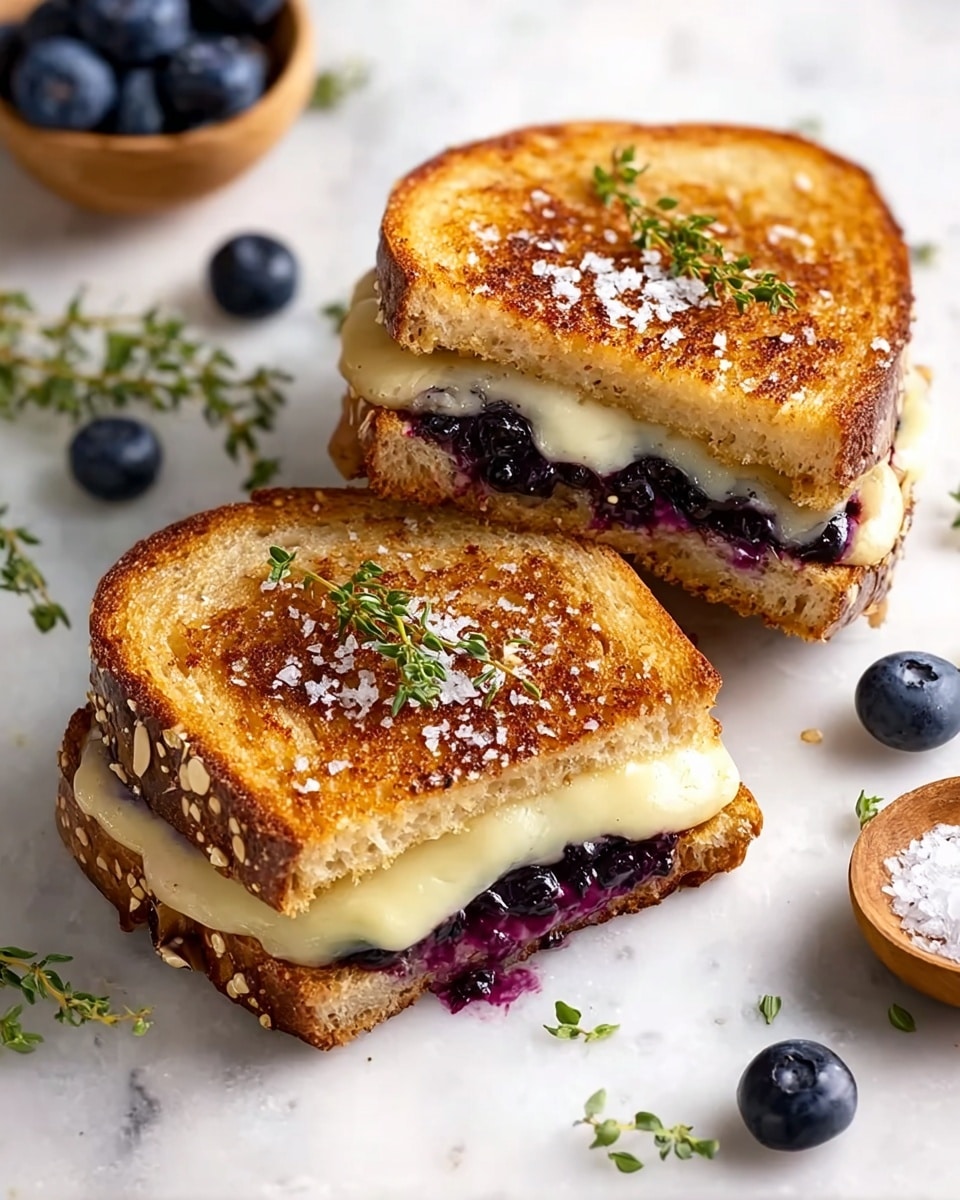 The image shows a toasted sandwich cut in half, placed on white parchment paper over a white marbled surface. The sandwich has two layers of golden brown toasted bread with a slightly crisp texture on the outside. Inside, there is a middle layer of melted pale yellow cheese and a dark purple-blue layer of blueberry filling, visible where the sandwich is cut. The top of the sandwich is sprinkled with coarse salt crystals and small green herb leaves. Around the sandwich, there are fresh blueberries and small green herb sprigs scattered for decoration. Two small wooden bowls, one filled with blueberries and the other with coarse salt, are partially visible in the background. photo taken with an iphone --ar 4:5 --v 7