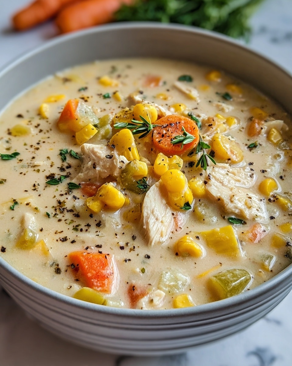 A close-up of a creamy soup in a white bowl with a light gray rim, filled three-quarters with a thick, pale yellow broth. Inside the soup, there are several chunks of soft white chicken pieces scattered throughout, accompanied by bright yellow corn kernels and medium-sized orange carrot cubes. Small bits of green celery and freshly chopped green herbs are sprinkled on top, adding a fresh touch. The dish is lightly speckled with coarse black pepper, enhancing the texture. The bowl is placed on a white marbled surface with a few blurred green leaves in the background. Photo taken with an iphone --ar 4:5 --v 7
