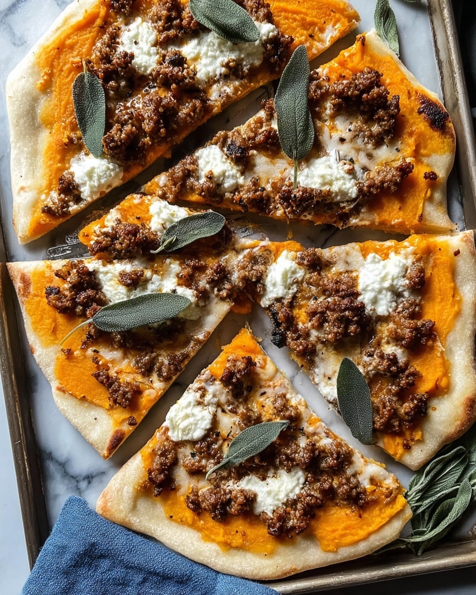 The image shows a pizza cut into six slices on a metal tray with a blue cloth partially visible on the side, placed on a white marbled texture. The crust is thin, light beige with some golden brown spots. The base layer is a smooth, bright orange butternut squash purée. On top, there is a layer of browned, crumbly sausage scattered evenly across the pizza. Small dollops of creamy white ricotta cheese sit on some slices. Fresh sage leaves with a muted green color are placed on the pizza as a garnish, adding a leafy texture. The overall look is vibrant and rustic with a mix of smooth, crumbly, and soft textures. photo taken with an iphone --ar 4:5 --v 7