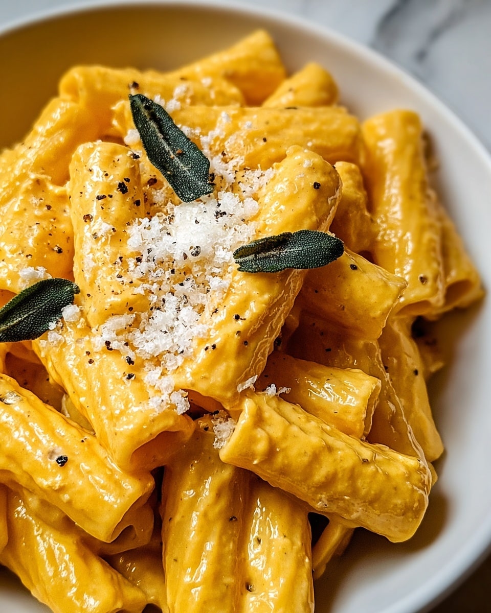 A bowl of rigatoni pasta coated in a thick, creamy orange sauce fills the white bowl. The pasta tubes are shiny and smooth, layered closely together with visible ribbed texture. On top, small green sage leaves are placed delicately among the pasta shapes. A light sprinkle of grated cheese and cracked black pepper covers the dish evenly, adding a fine grainy texture and specks of black contrast. The white bowl is set on a white marbled surface, completing the simple and appetizing look. photo taken with an iphone --ar 4:5 --v 7